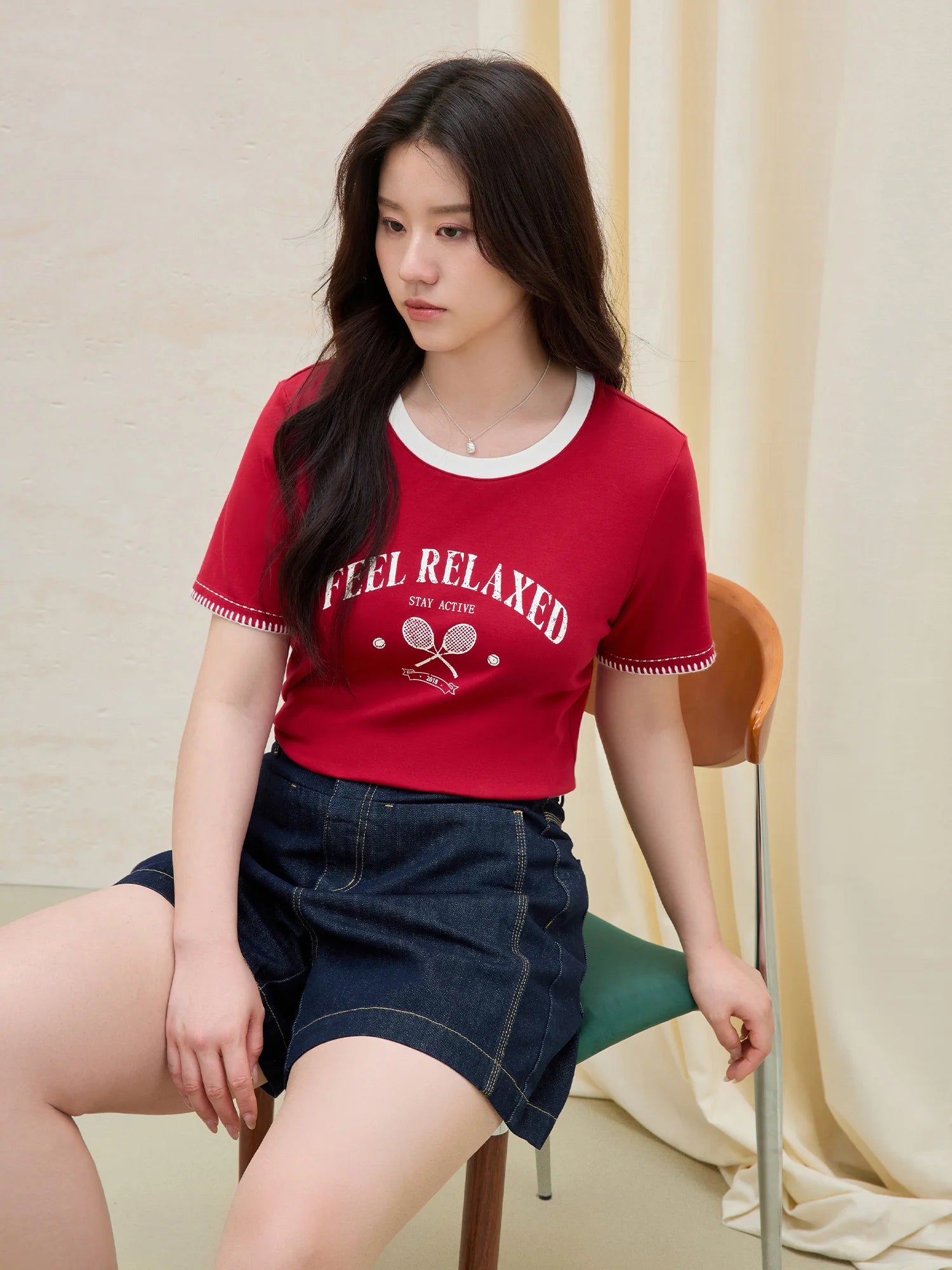 DUSHU 2025 Summer Women's Vintage Contrast-Stitch Round Neck Tee - Relaxed Fit & Breathable Cotton Blend for Casual Chic Style