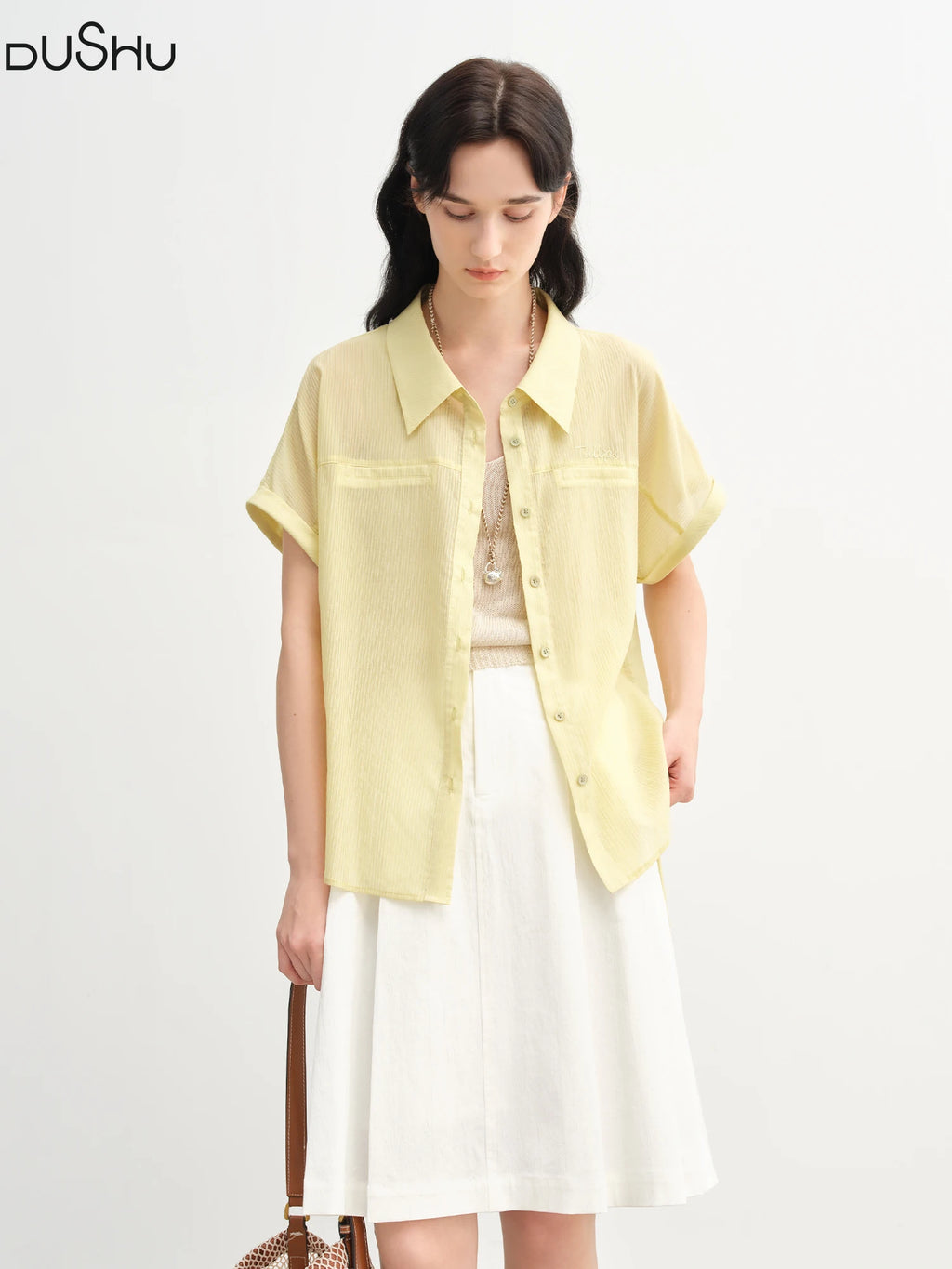 DUSHU Summer Women Curve-Flattering Lyocell Shirt - Adjustable Drawstring & Breathable Design for Effortless Office-to-Outing