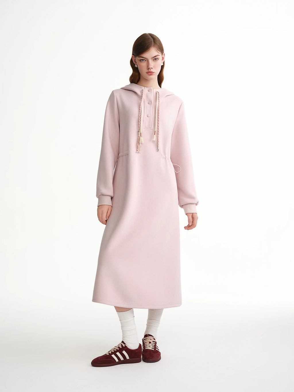 DUSHU Winter A-line Maxi Dresses Women Waist-defined Hooded Sweatshirt Sundress Long Sleeve Holiday Vestidos Cotton Daily Sweet