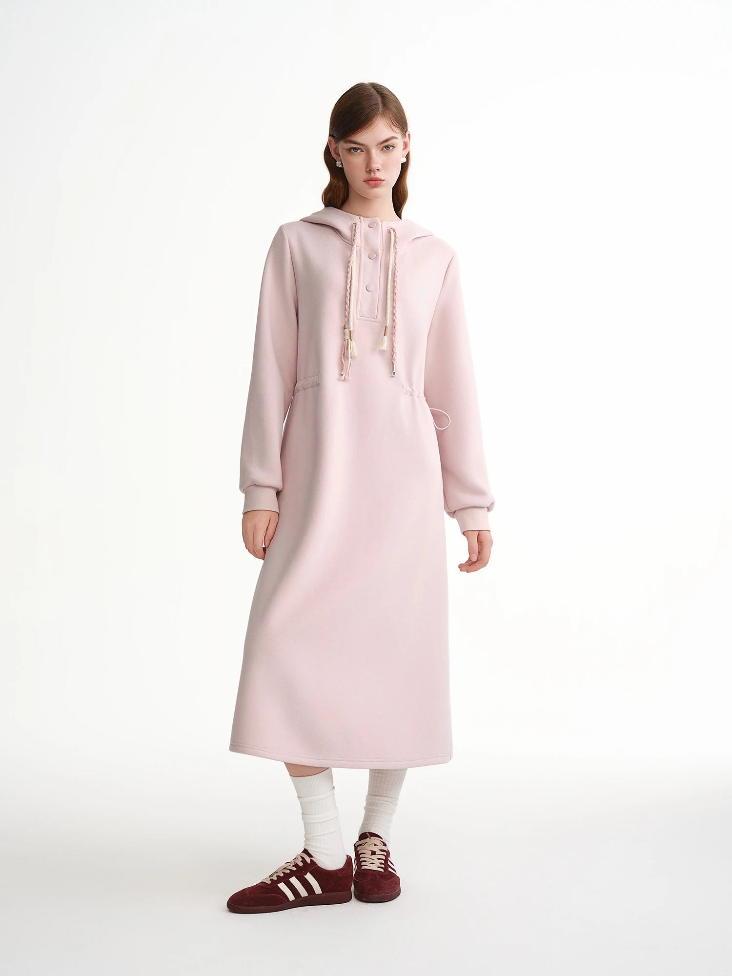 DUSHU Winter A-line Maxi Dresses Women Waist-defined Hooded Sweatshirt Sundress Long Sleeve Holiday Vestidos Cotton Daily Sweet
