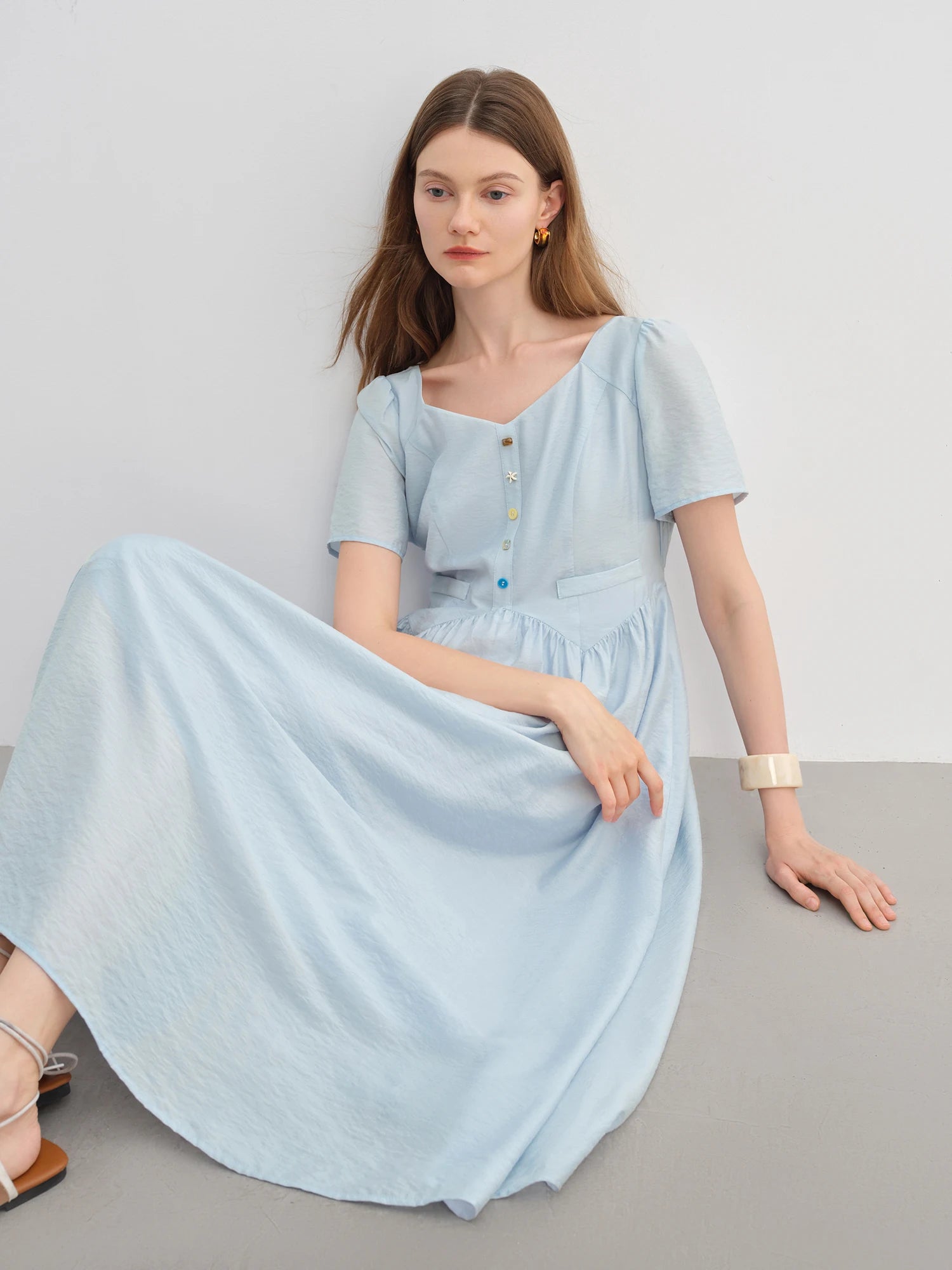 DUSHU Plus Size Women's Sea Salt & White Sand Holiday Style Colorful Button Dress Elegant Summer Long Dress 25DS82942