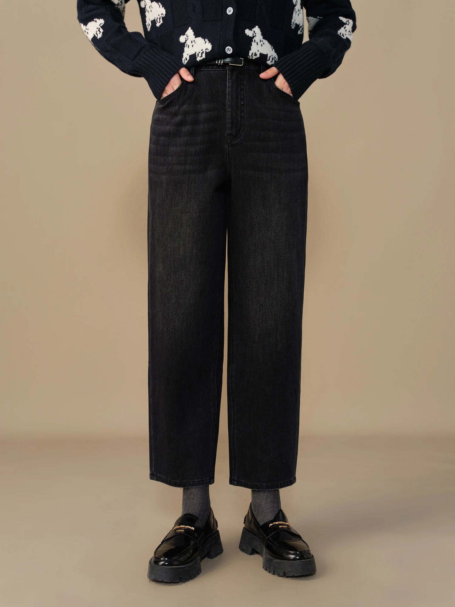 DUSHU【2 Colors】Women Winter Thicken Jeans Cotton Elastic Tapered Cropped Trousers High Waist Denim Black Female Jeans 24DS84165