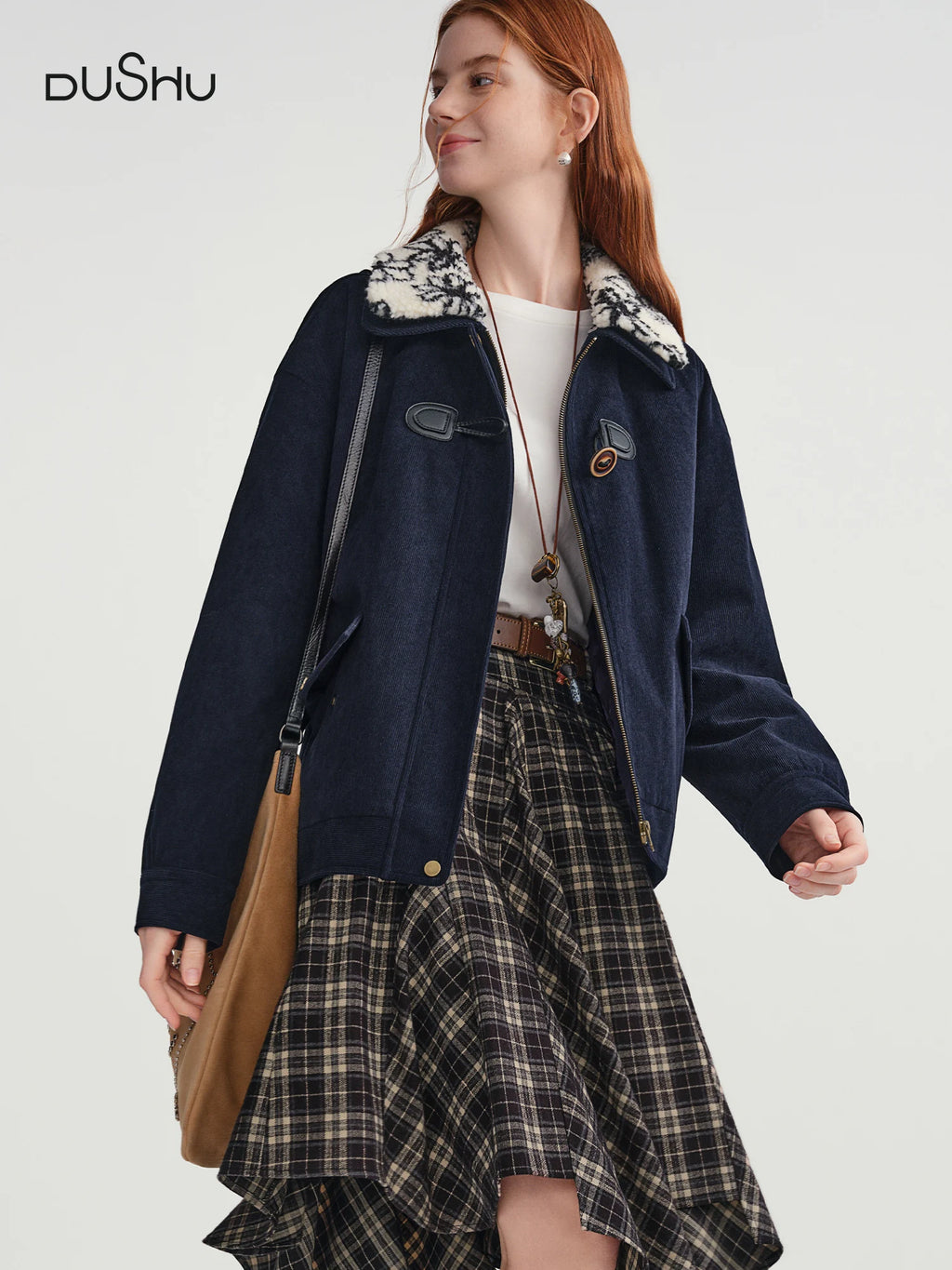 DUSHU Plus-Size Women's Shearling Collar Corduroy Lined Mid-Classic Blue Tone Jacket Fall-Winter 2025 New Arrival Coat Jackets
