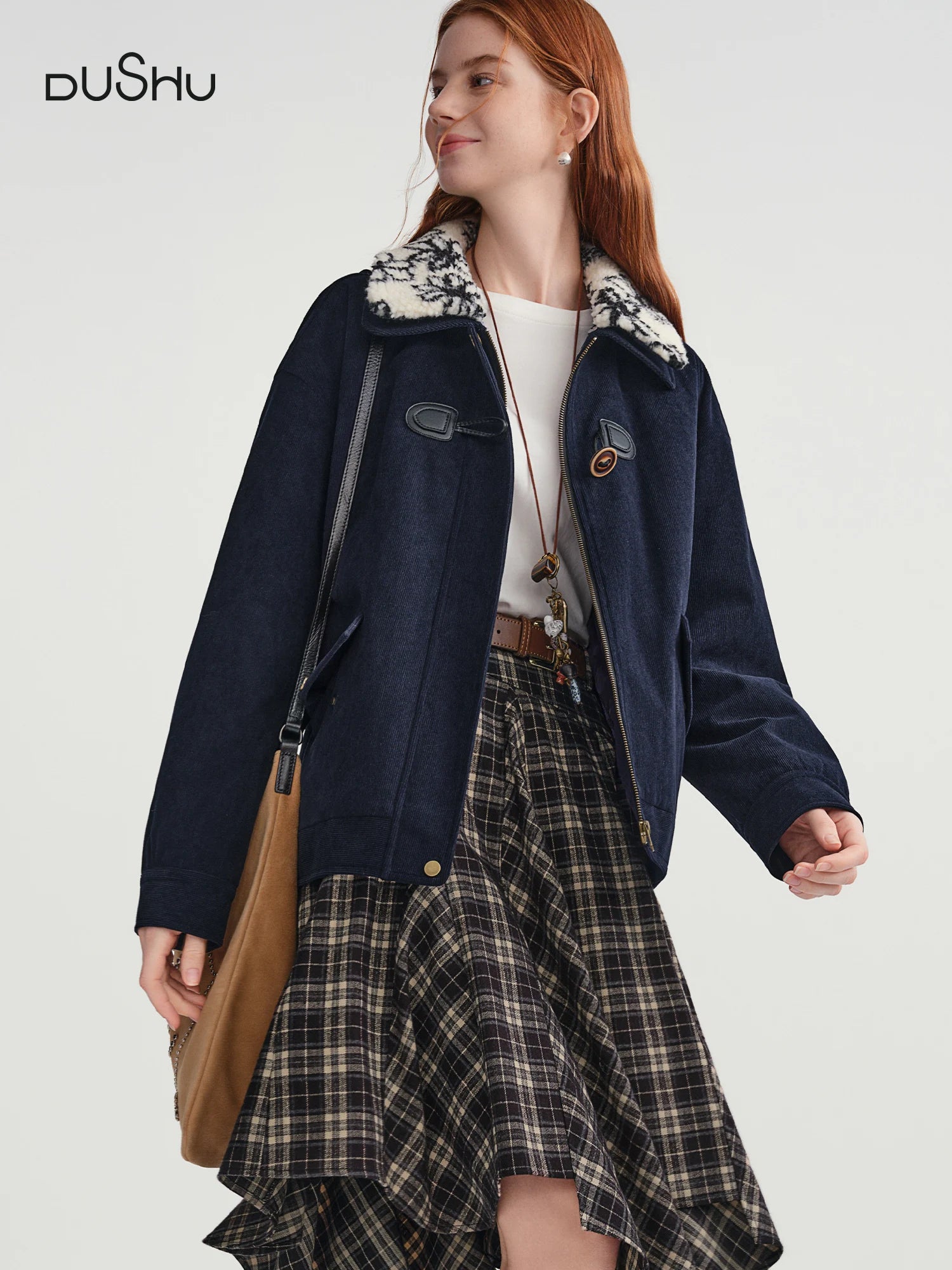 DUSHU Plus-Size Women's Shearling Collar Corduroy Lined Mid-Classic Blue Tone Jacket Fall-Winter 2025 New Arrival Coat Jackets
