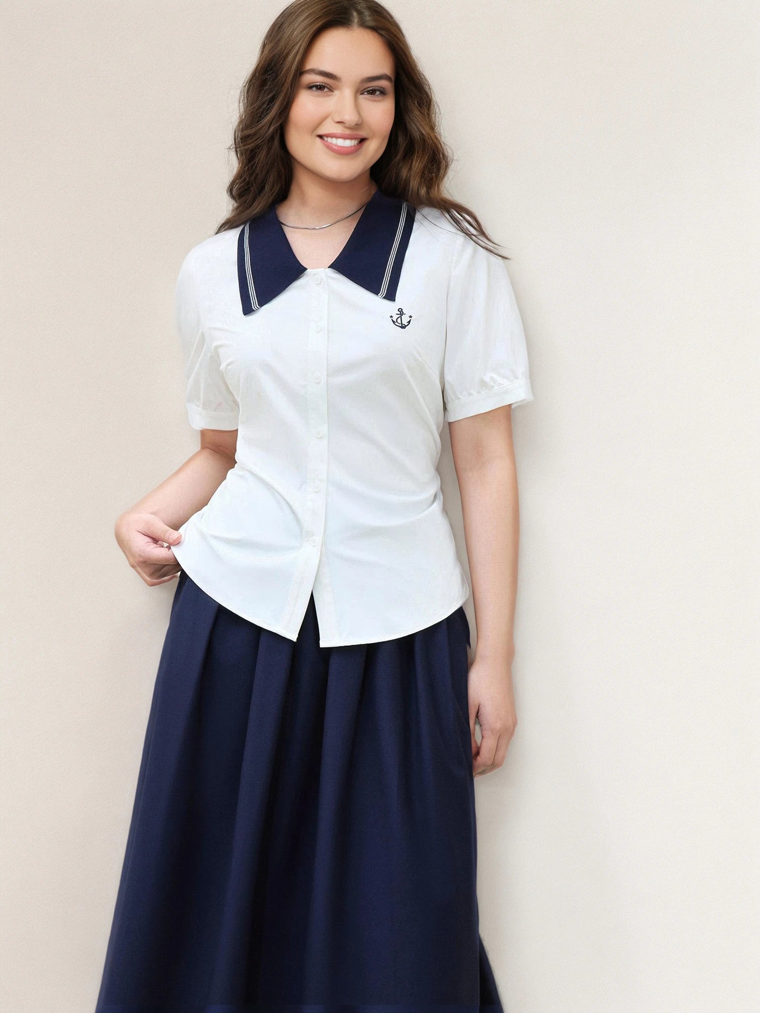 DUSHU Plus Size Versatile Navy Blue College Style Polo Shirt 2025 Summer New Design Casual Fashion Top For Women 25DS82038