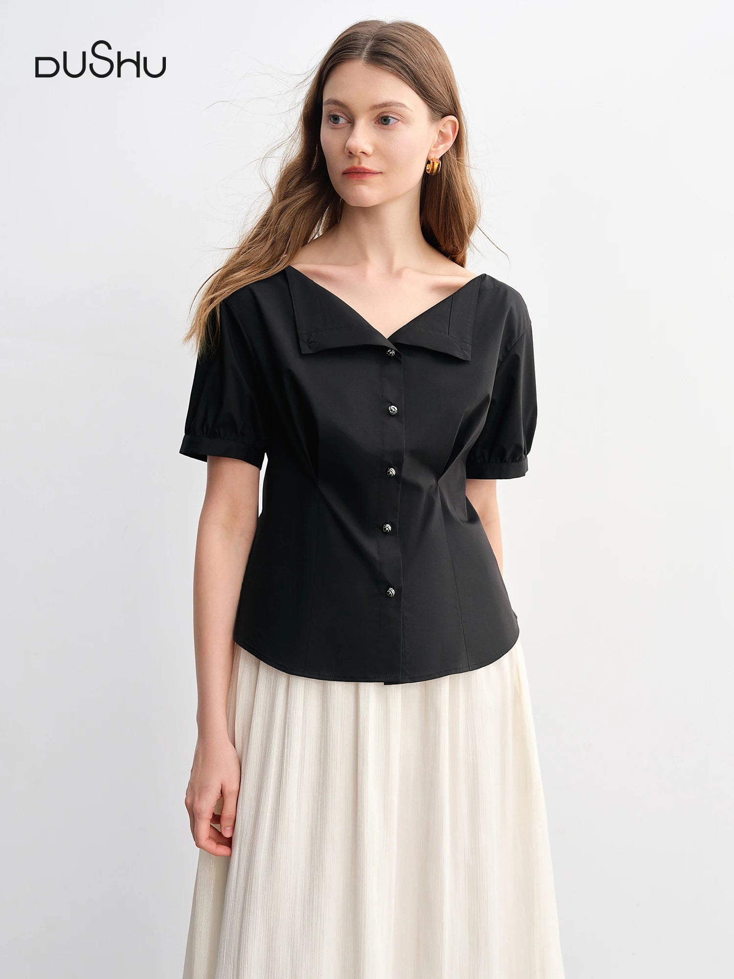 DUSHU Simple Elegance Solid Color Strapless Slim-Fit Summer Top Women Shirts Black White Blouses Tees 25DS82987