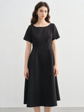 DUSHU Plus Size 2025 Summer New Arrival Stylish Minimalist Bateau Neck Mid-Length Dress Hepburn Style Black Dress 25DS82283