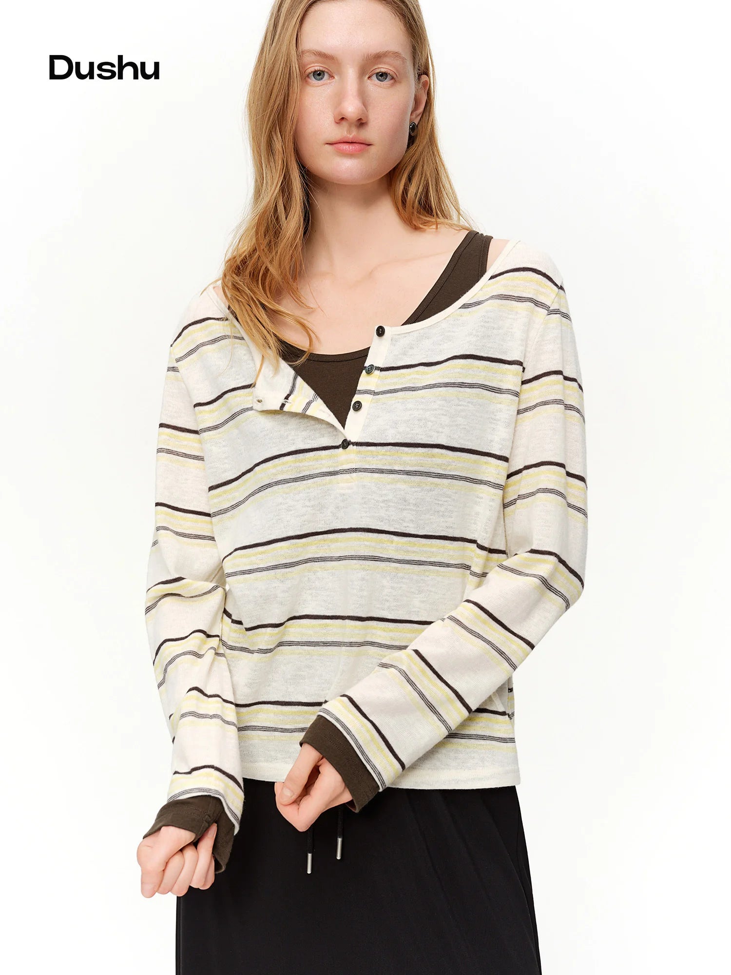 DUSHU 2026 Spring Women's Striped Sleeveless Two-Piece Set - Casual Comfort Fit Vest Top with Contrast Trim for Daily Outings