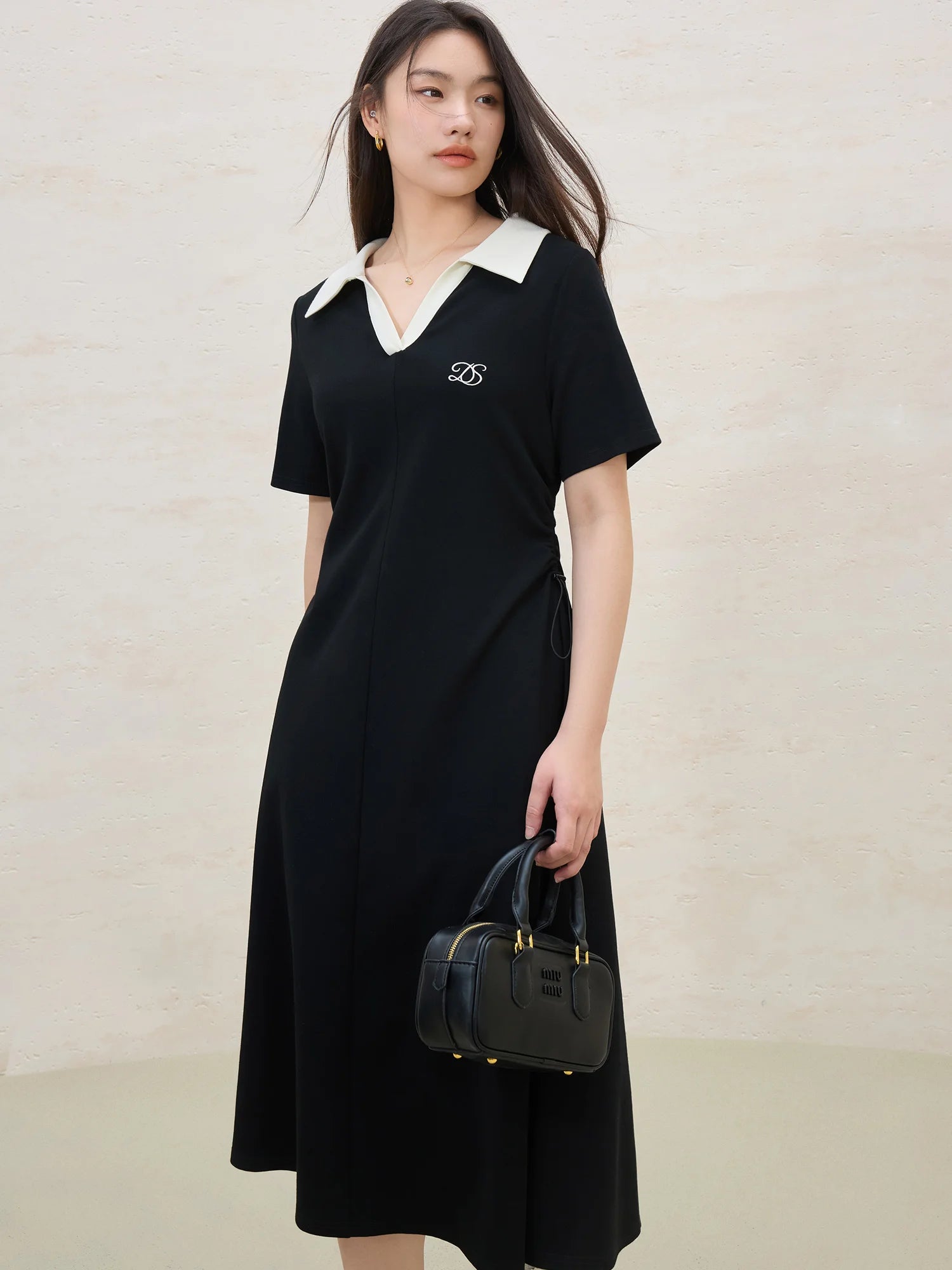 DUSHU 2025 Summer Plus Size Women's Color Block Collar Adjustable Waist Dress - Slimming Black Casual Polo-Inspired Maxi Outfit