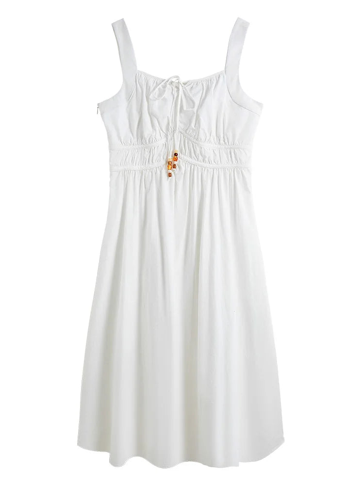DUSHU French Style Beaded Strappy Suspender Dress For Women 2025 Spring Summer Pear-shaped Fresh Sleeveless Long Skirt 25DS81213