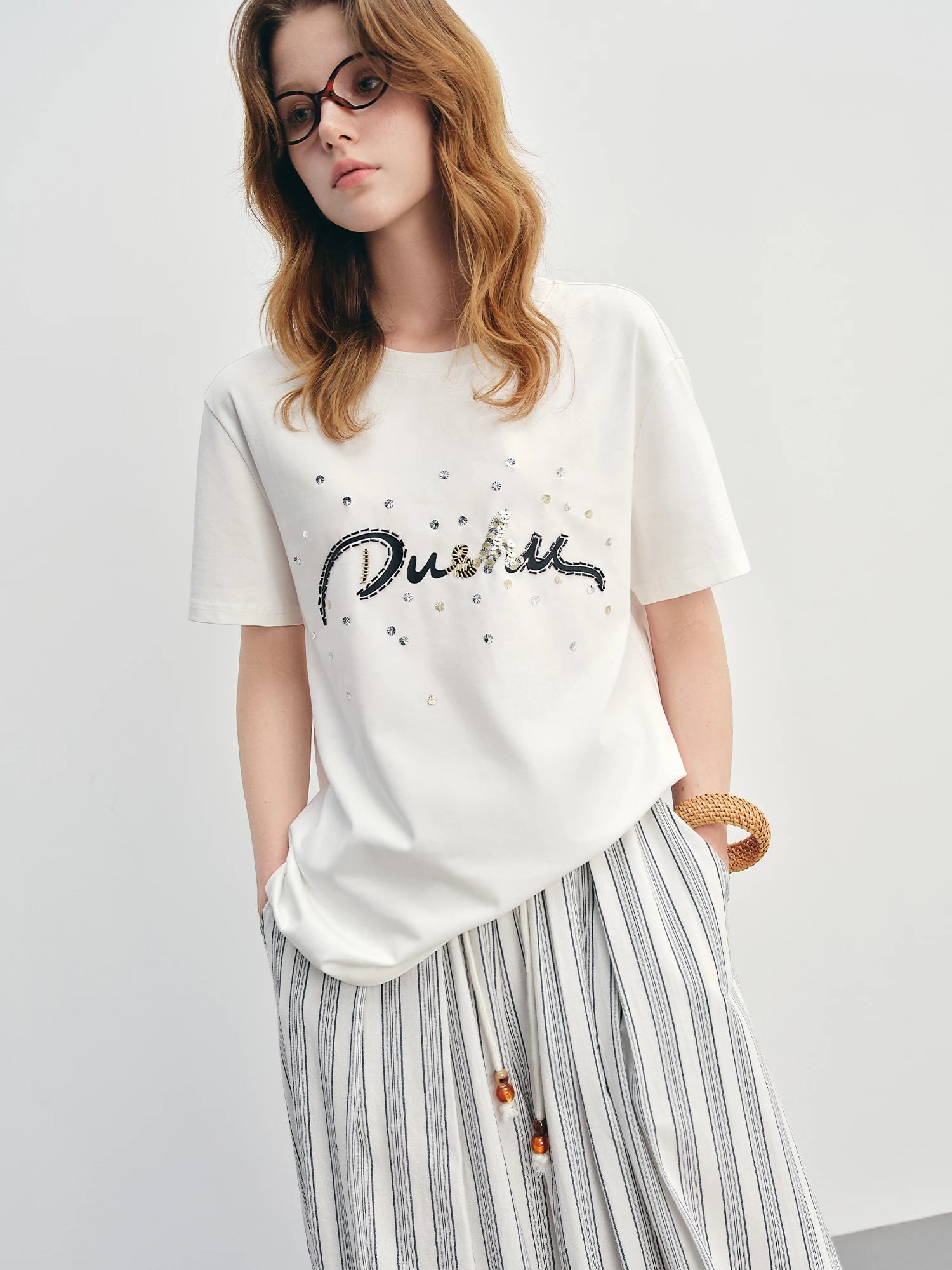 FSLE Summer 2025 Letter Print T-Shirt - Beaded Detail Round Neck Loose Fit Casual Top Women Fashion