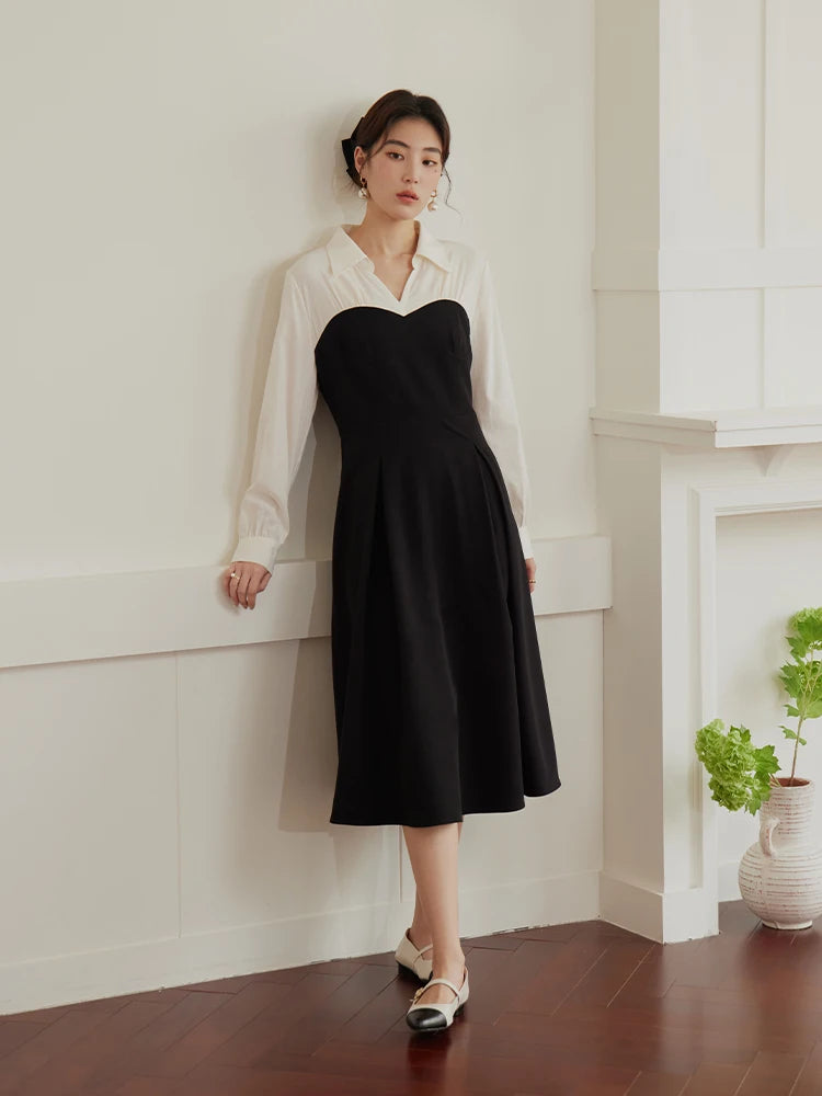 DUSHU Large Size Tulip Skirt Double Version Dress for Women Black and White Splicing Slim Spring New Style Commuter Dress Female