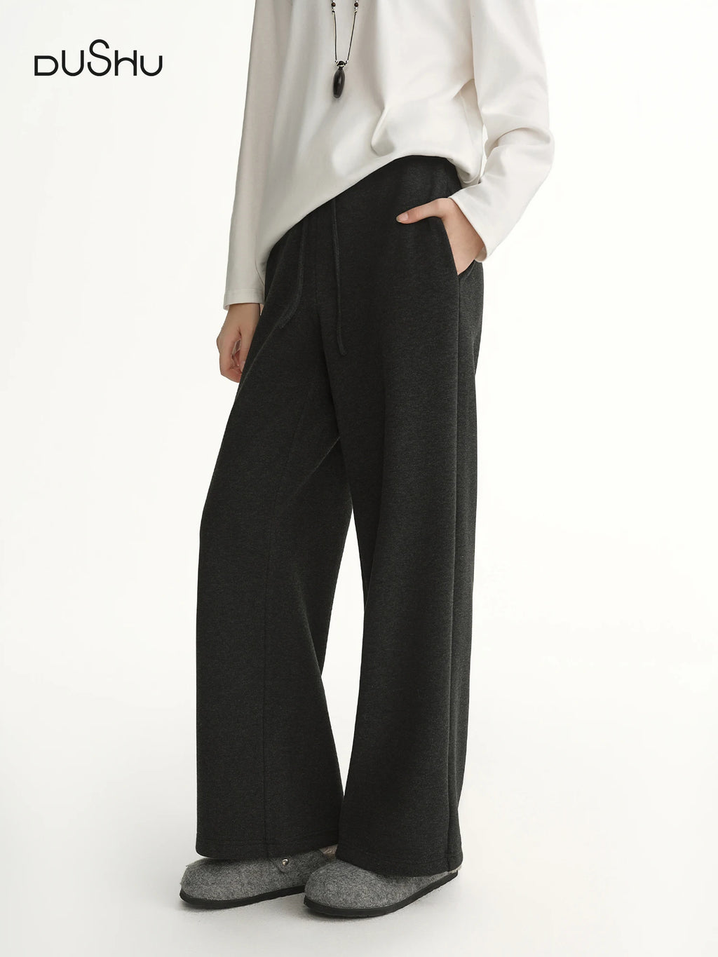 DUSHU 2025 Winter Women's High Waist Drawstring Fleece Lined Loose Fit Casual Pants with Soft Fabric for Comfortable Daily Wear