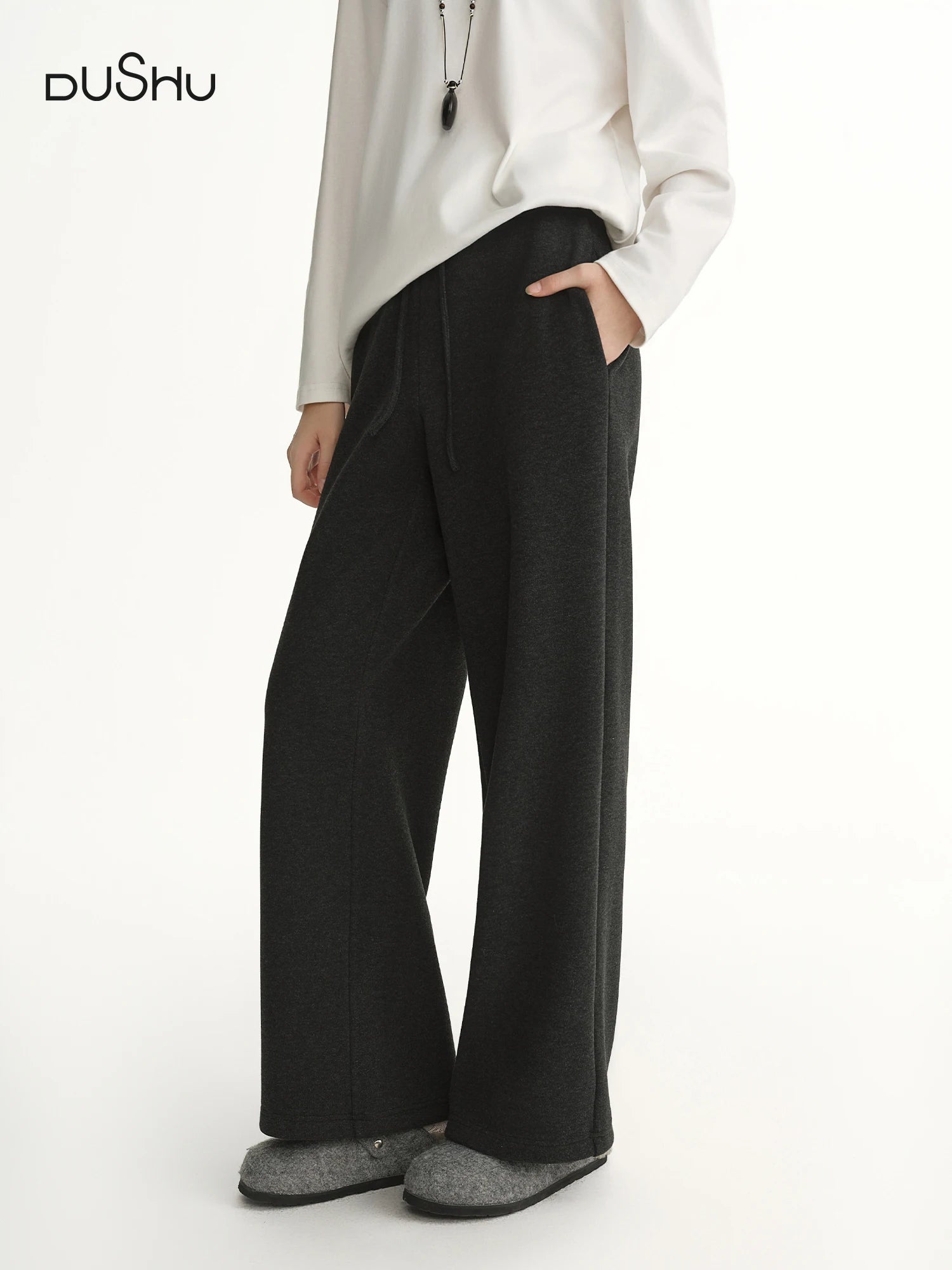 DUSHU 2025 Winter Women's High Waist Drawstring Fleece Lined Loose Fit Casual Pants with Soft Fabric for Comfortable Daily Wear