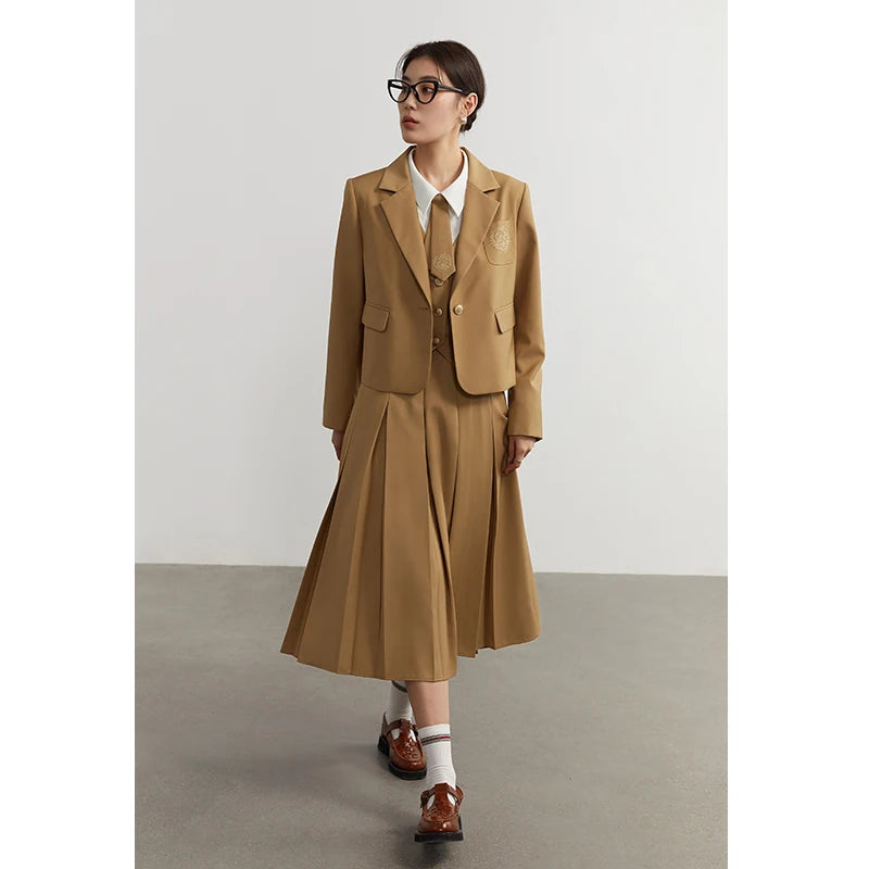DUSHU College Style Short Blazer Coat Fashion Two Piece Suit for Women Literary Retro Spring New High Waist Half Pleated Skirt