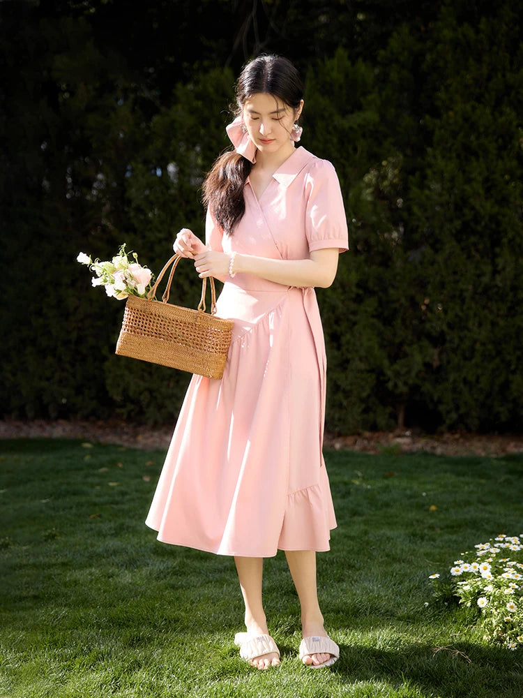 DUSHU Summer Mambo Hepburn Style Elegant Wrap Around Slim Dress for Women 2024 Summer New French Style Design Dress 24DS82317