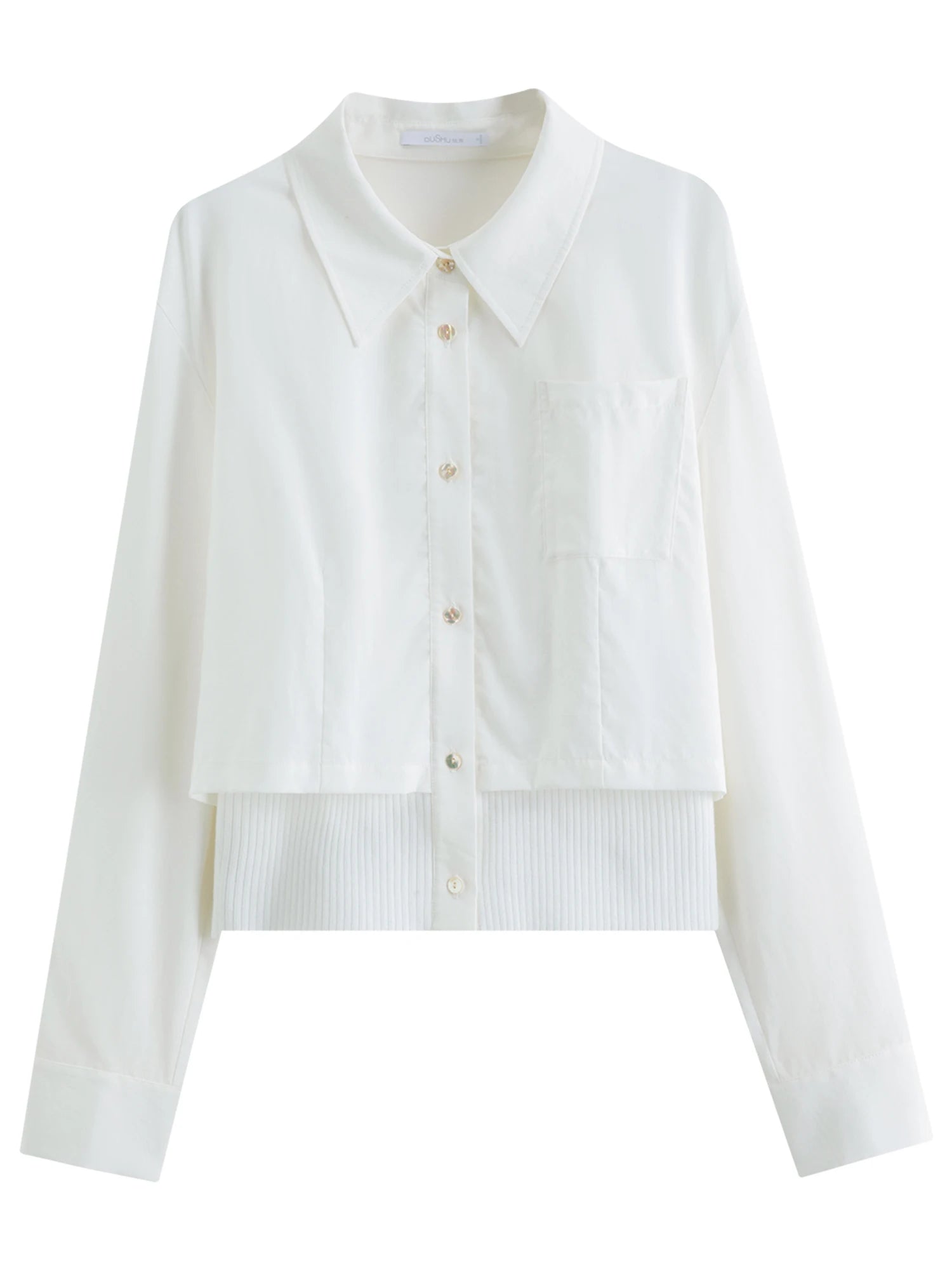 DUSHU 2026 Spring Women's Ribbed Panel Tri-Color Long Sleeve Shirt - Commute Ready Elegant Blouse Versatile Styling for Office