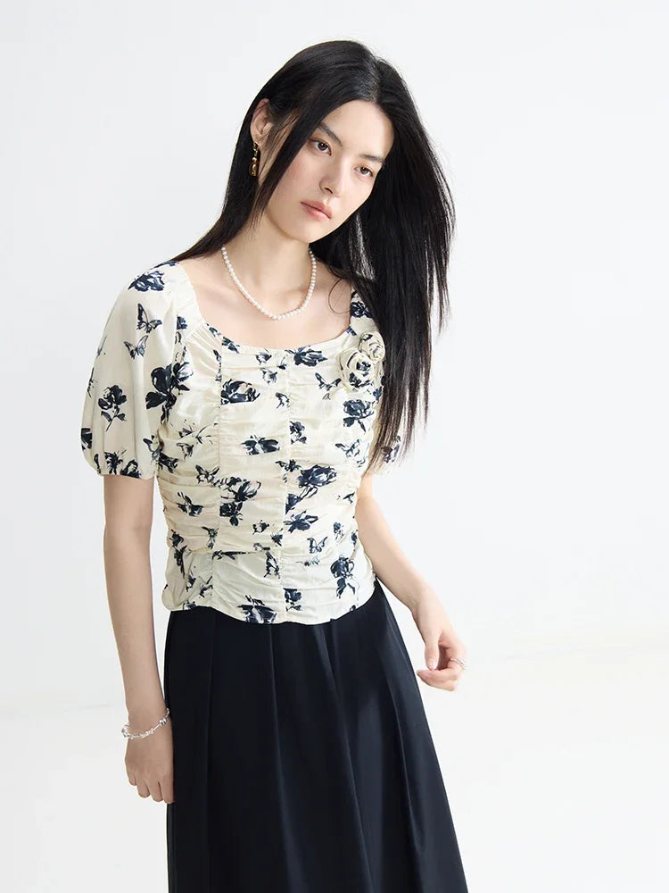 DUSHU Women Floral Chiffon Blouse Square Neck Short Sleeve Summer Thin Female Short Pullover Shirt Tops 24DS82748