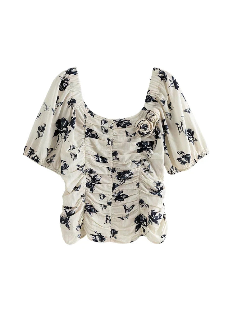 DUSHU Women Floral Chiffon Blouse Square Neck Short Sleeve Summer Thin Female Short Pullover Shirt Tops 24DS82748