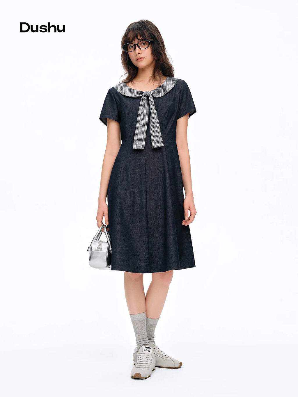 DUSHU 2026 Summer Women's Plaid Peter Pan Collar Dress with Bow Accent - Playful Elegant Midi for Daily Outings Special Events