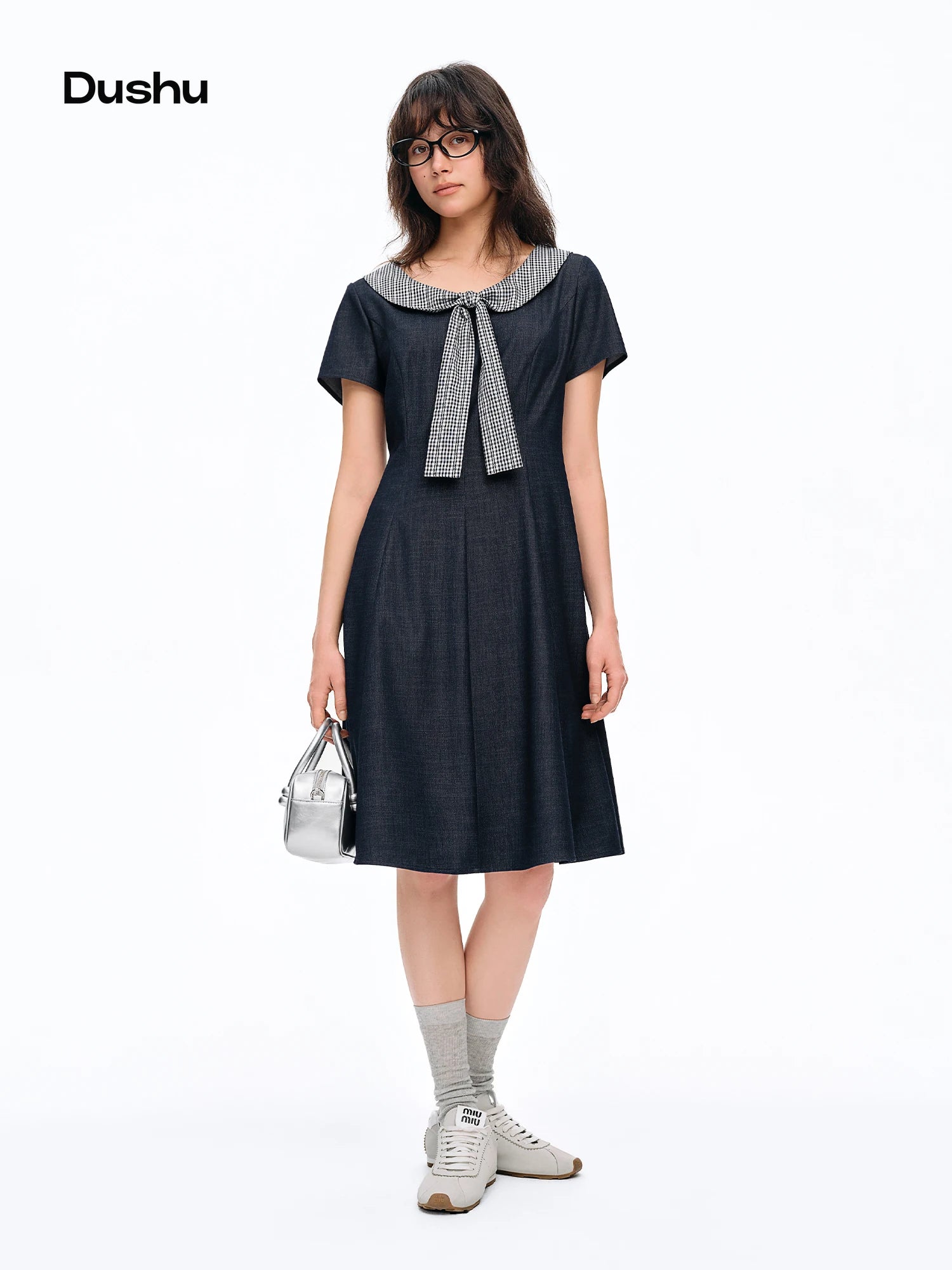 DUSHU 2026 Summer Women's Plaid Peter Pan Collar Dress with Bow Accent - Playful Elegant Midi for Daily Outings Special Events