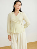 DUSHU Women Beige Blouse Tops Waist Tie Design Chiffon Long Sleeved Shirt 2025 Summer New Office Lady Shirts Top 25DS81174