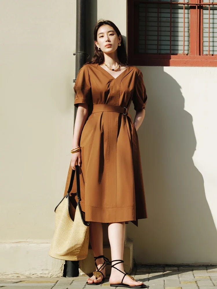 DUSHU French Style V-neck High Waist Commuting All-Match Women Dress 2024 Summer New Temperament Elegant Female Dress 24DS82404