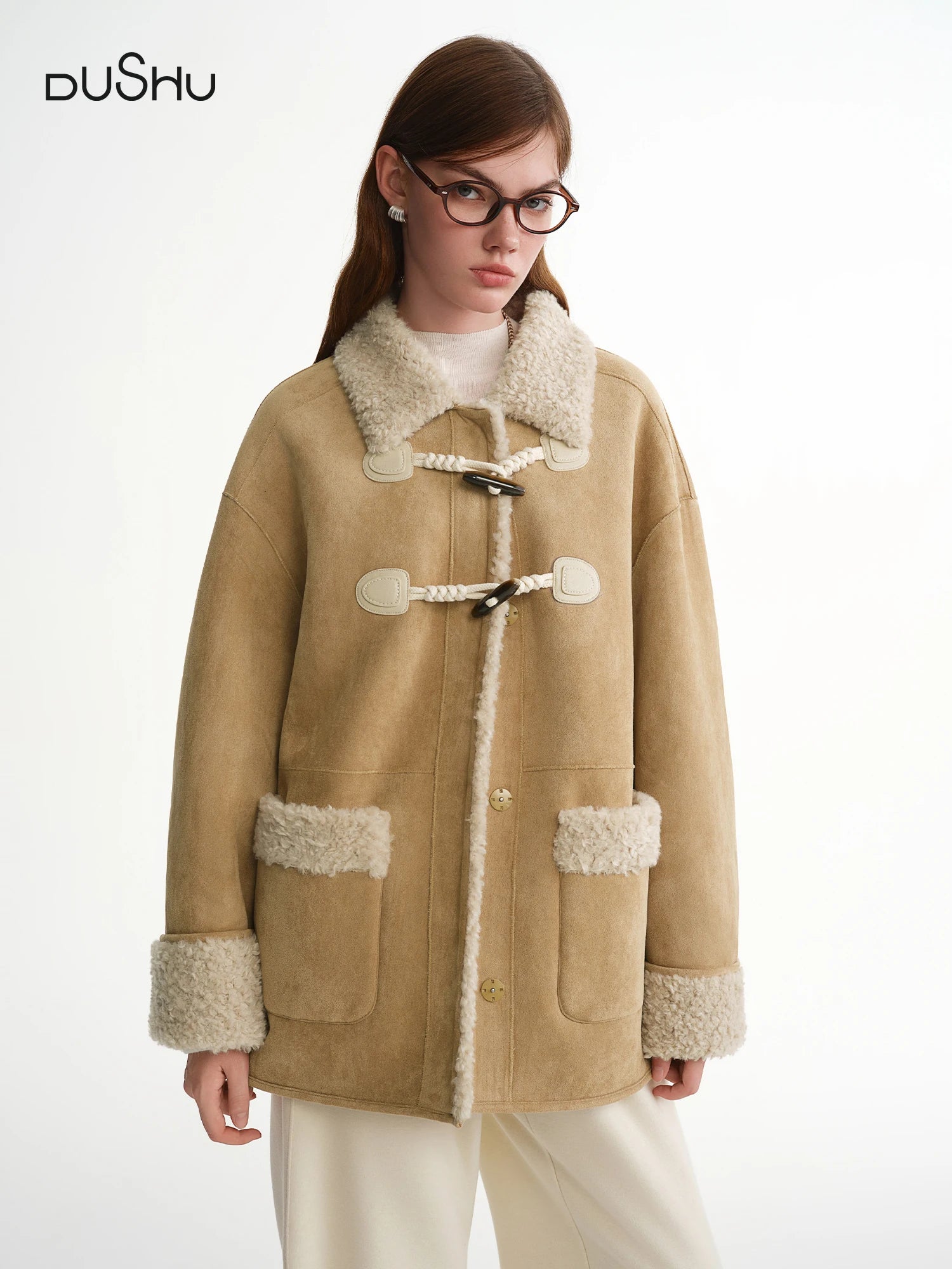 DUSHU 2025 Winter Women's Faux Shearling Coat with Horn Buttons - Plush Mid-Length Outerwear for Casual and Daily Warm Wear