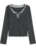 DUSHU Plus Size Women Sweet U-neck Ruffled Stitching Fake Two-piece Top 2025 Spring Knitted Casual Loose T-shirt 25DS81194