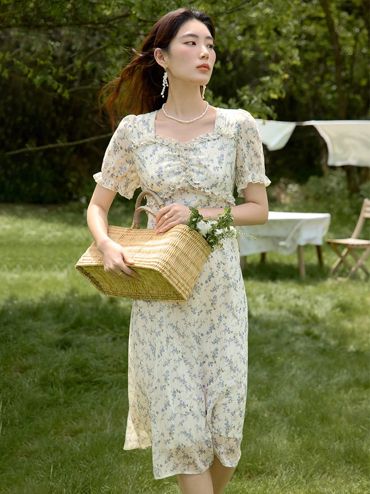 DUSHU Floral Long Dress Summer Women Elegant Cotton Print Dresses Boho V-Neck Casual A-LINE Dress 24DS82471+24DS82438