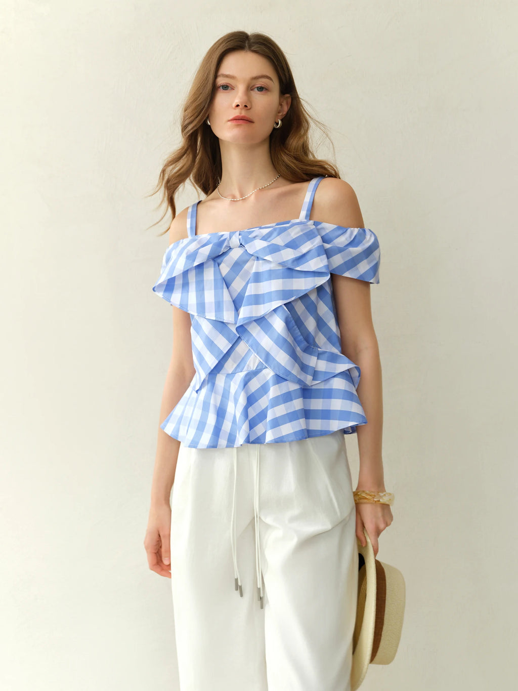 DUSHU 2025 Summer Women's Asymmetric Checkered Blouse - Slim-Fit Geometric Print & Relaxed Casual Chic 25DS82394