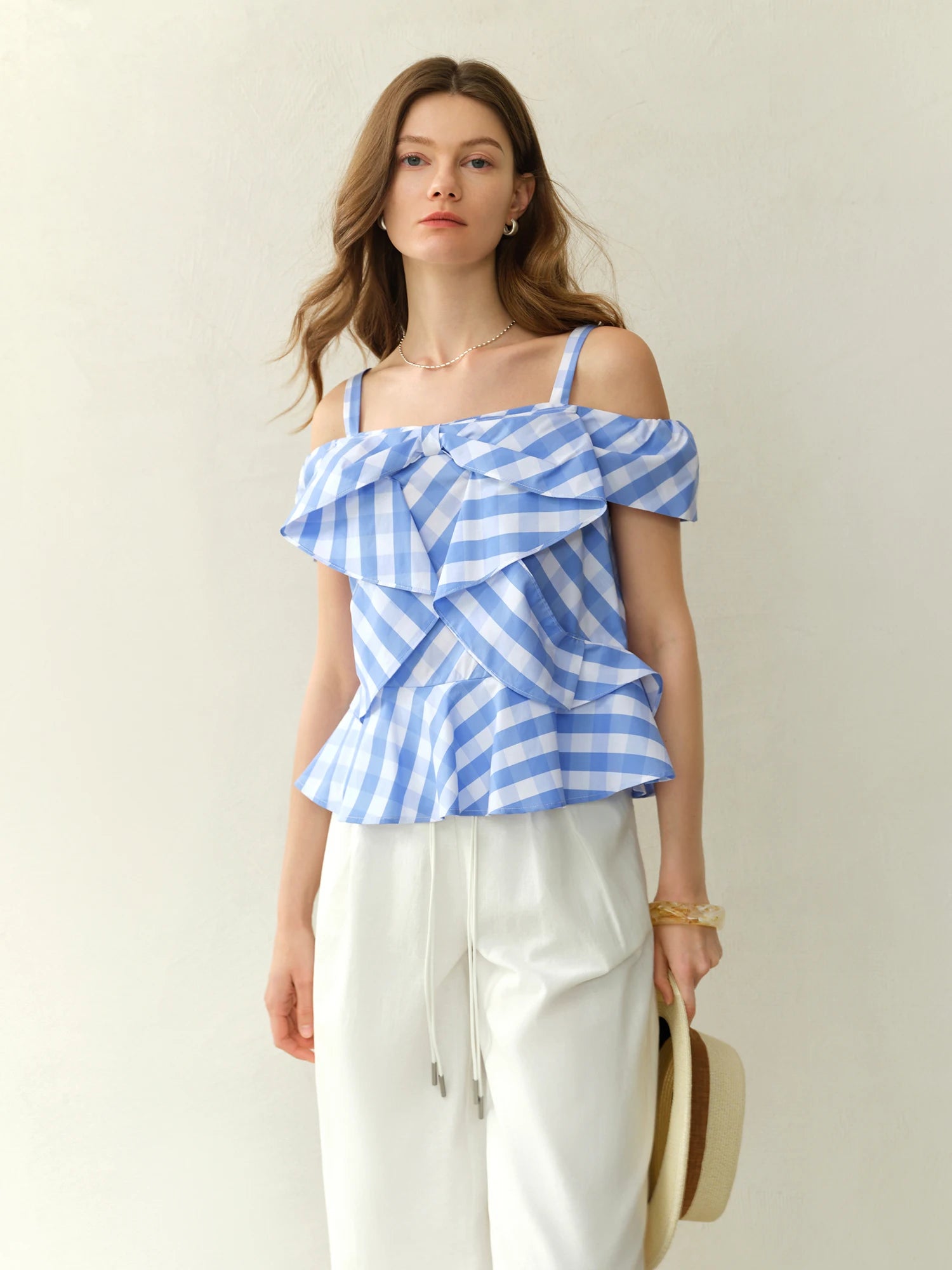 DUSHU 2025 Summer Women's Asymmetric Checkered Blouse - Slim-Fit Geometric Print & Relaxed Casual Chic 25DS82394