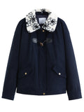 DUSHU Plus-Size Women's Shearling Collar Corduroy Lined Mid-Classic Blue Tone Jacket Fall-Winter 2025 New Arrival Coat Jackets