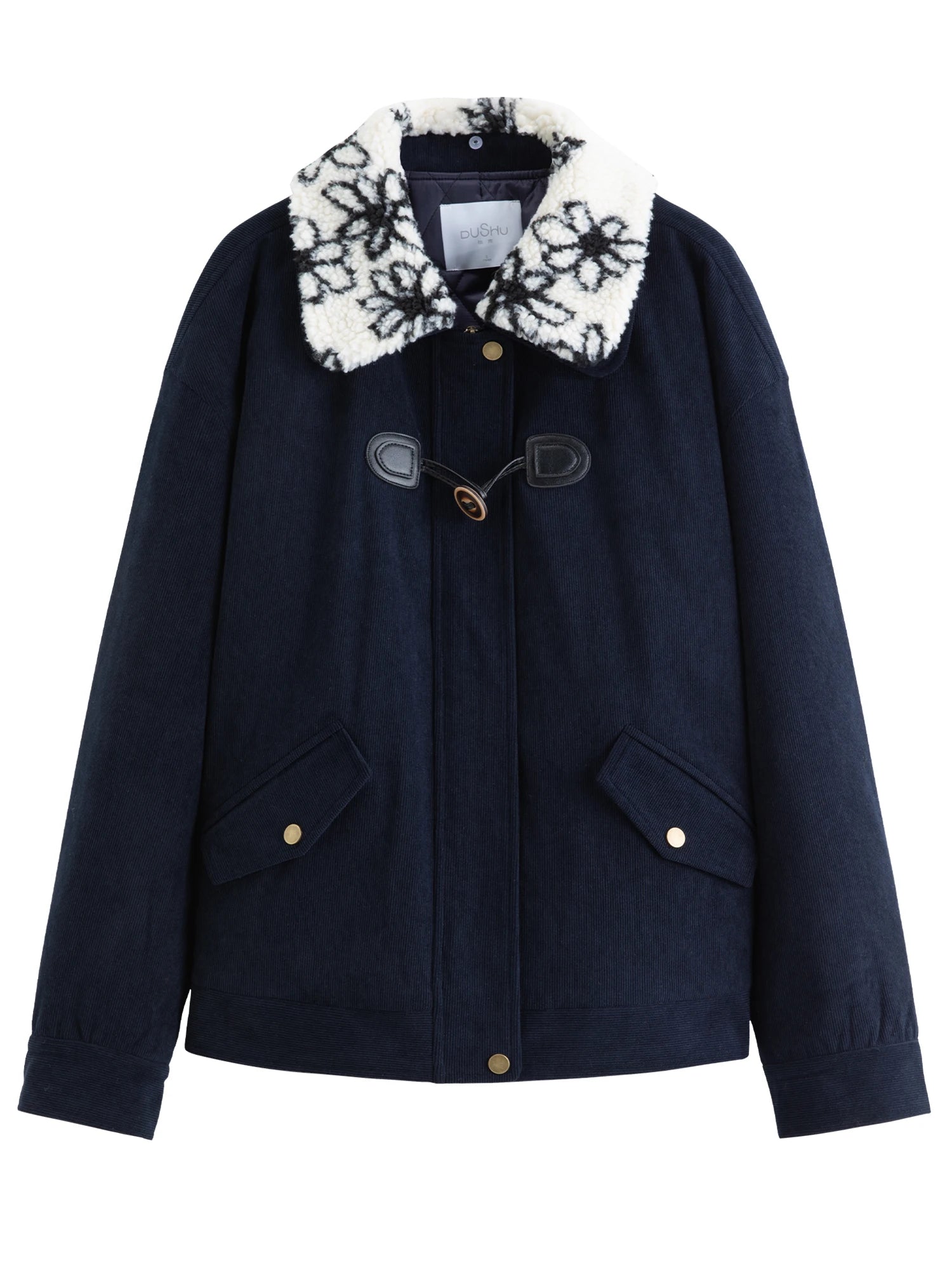 DUSHU Plus-Size Women's Shearling Collar Corduroy Lined Mid-Classic Blue Tone Jacket Fall-Winter 2025 New Arrival Coat Jackets
