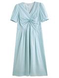 DUSHU 2025 Summer Plus-Size French-Inspired Textured Dress - Elegant Puff Sleeves & Waist Twist Design 25DS82299