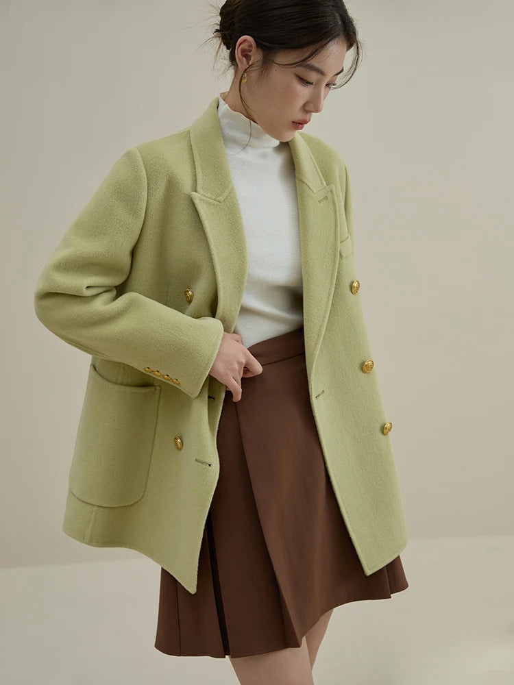 DUSHU Commuter Vintage Style 100% Wool Double-faced Double breasted Woolen Coat for Women Winter New Handmade Wool Jacket Female