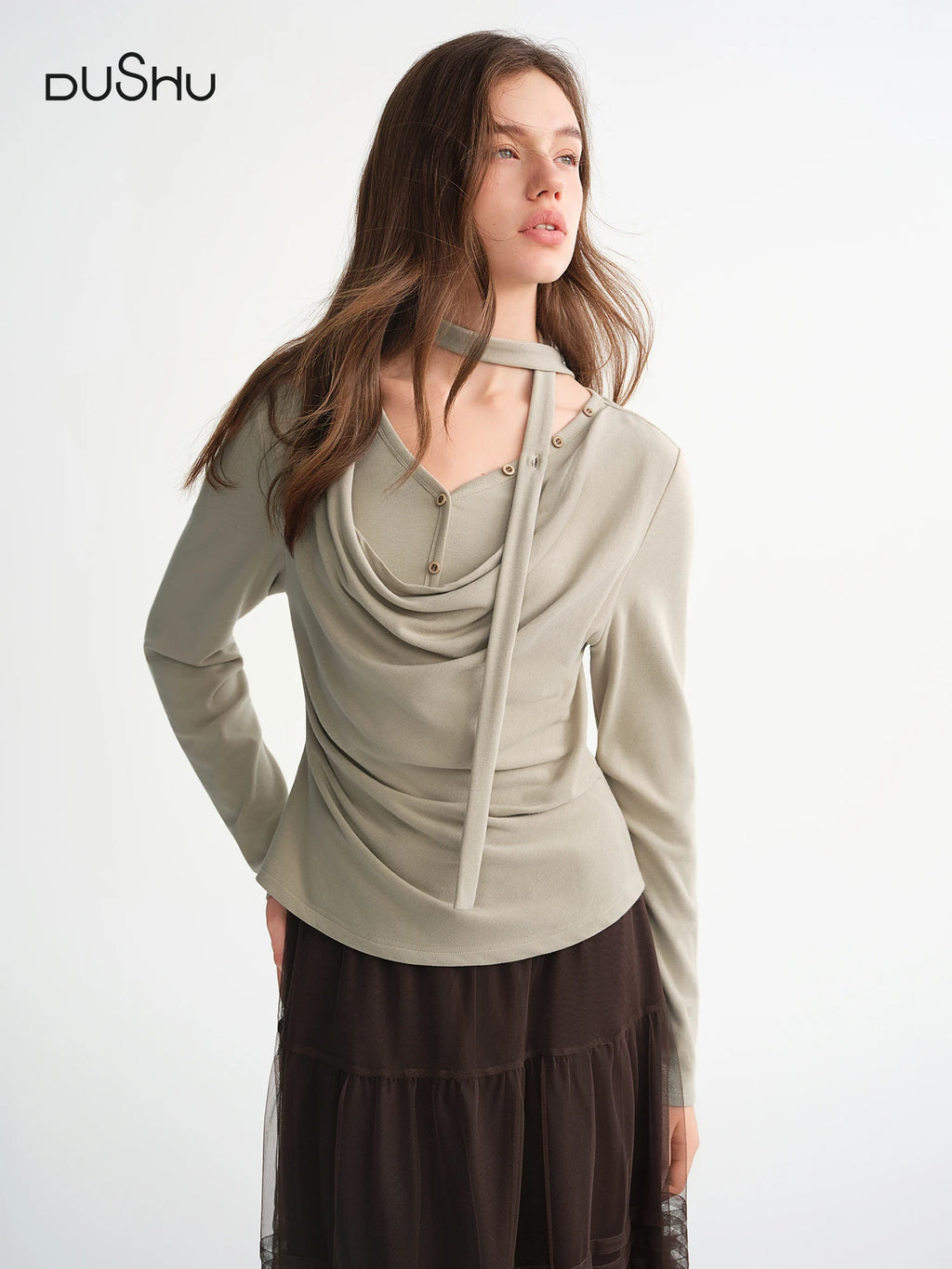 DUSHU Plus-Size Women Layered Art Long-Sleeve T-Shirt with Floating Ribbon neckline Mock Two-Piece Slimming Top for Curvy Women