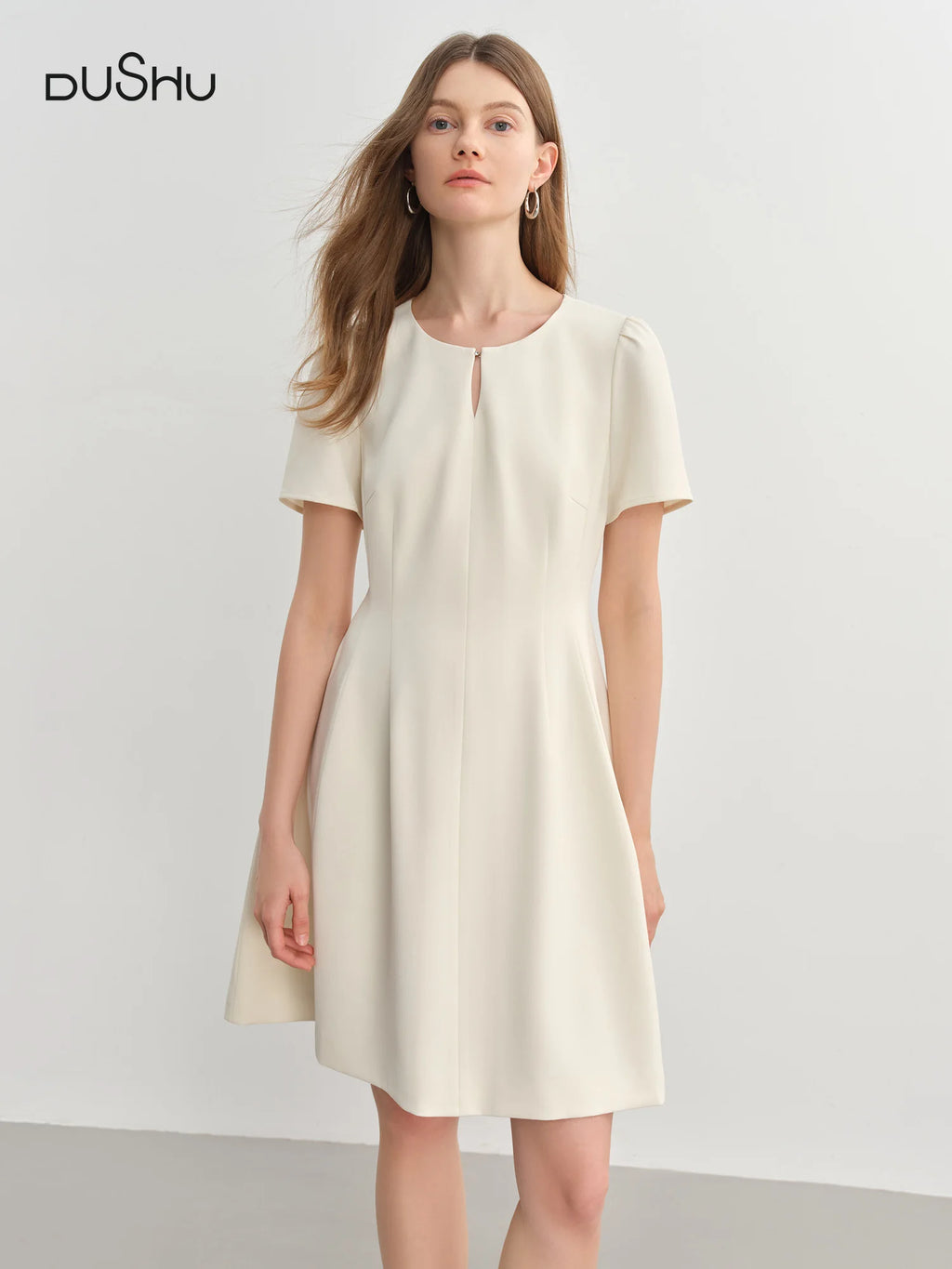 DUSHU Women Dress Short Long Two Styles French Temperament Style Simple Dress 2025 Summer New Design Casual Versatile Dress