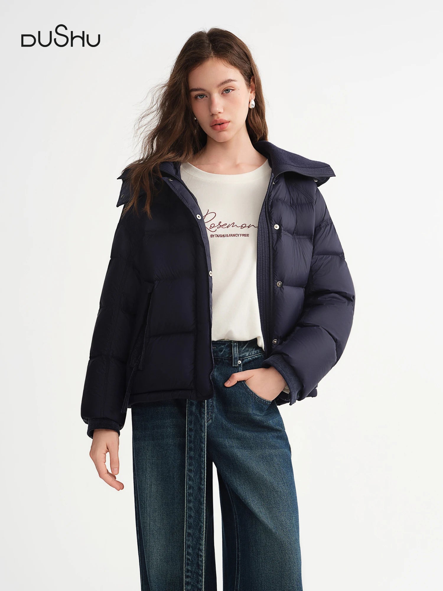 DUSHU 2025 Winter Women's Hooded Puffer Down Coat - Relaxed Fit Plus Size Thermal Insulated Short Jacket for Casual Warmth