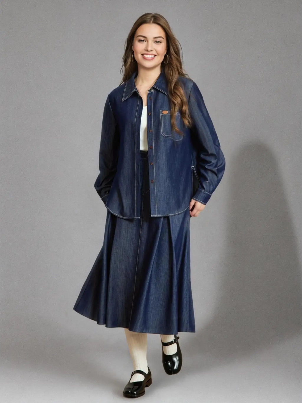 DUSHU Imitation Denim Fashion Suit Women 2025 Spring Summer New Holiday Season Shirt Skirt Versatile Casual Minimalist Outfit