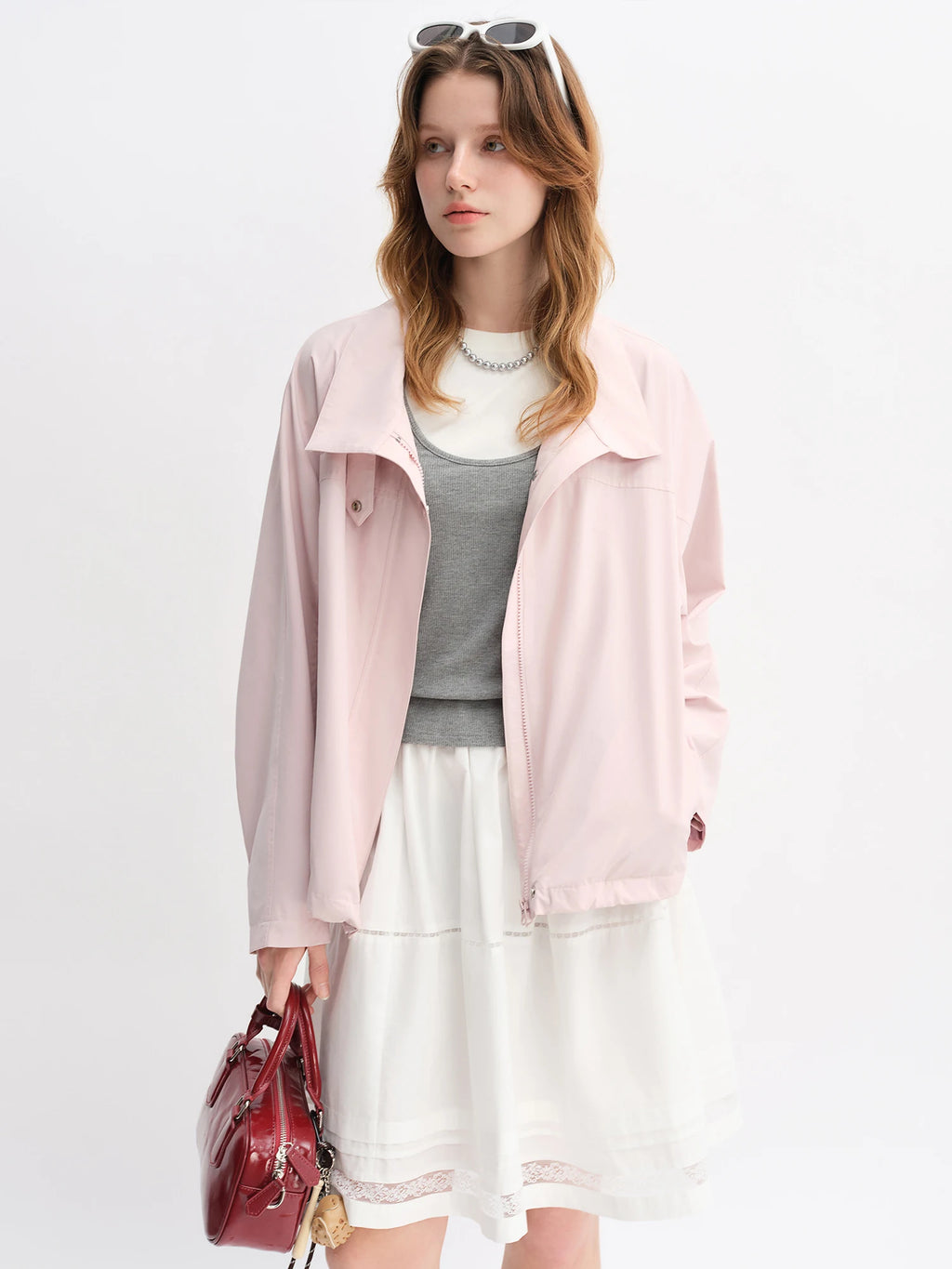 DUSHU Autumn 2025 Women's Pink Cropped Jacket - Relaxed Fit Drawstring Hem Casual Short Outerwear Lightweight Windbreaker Top