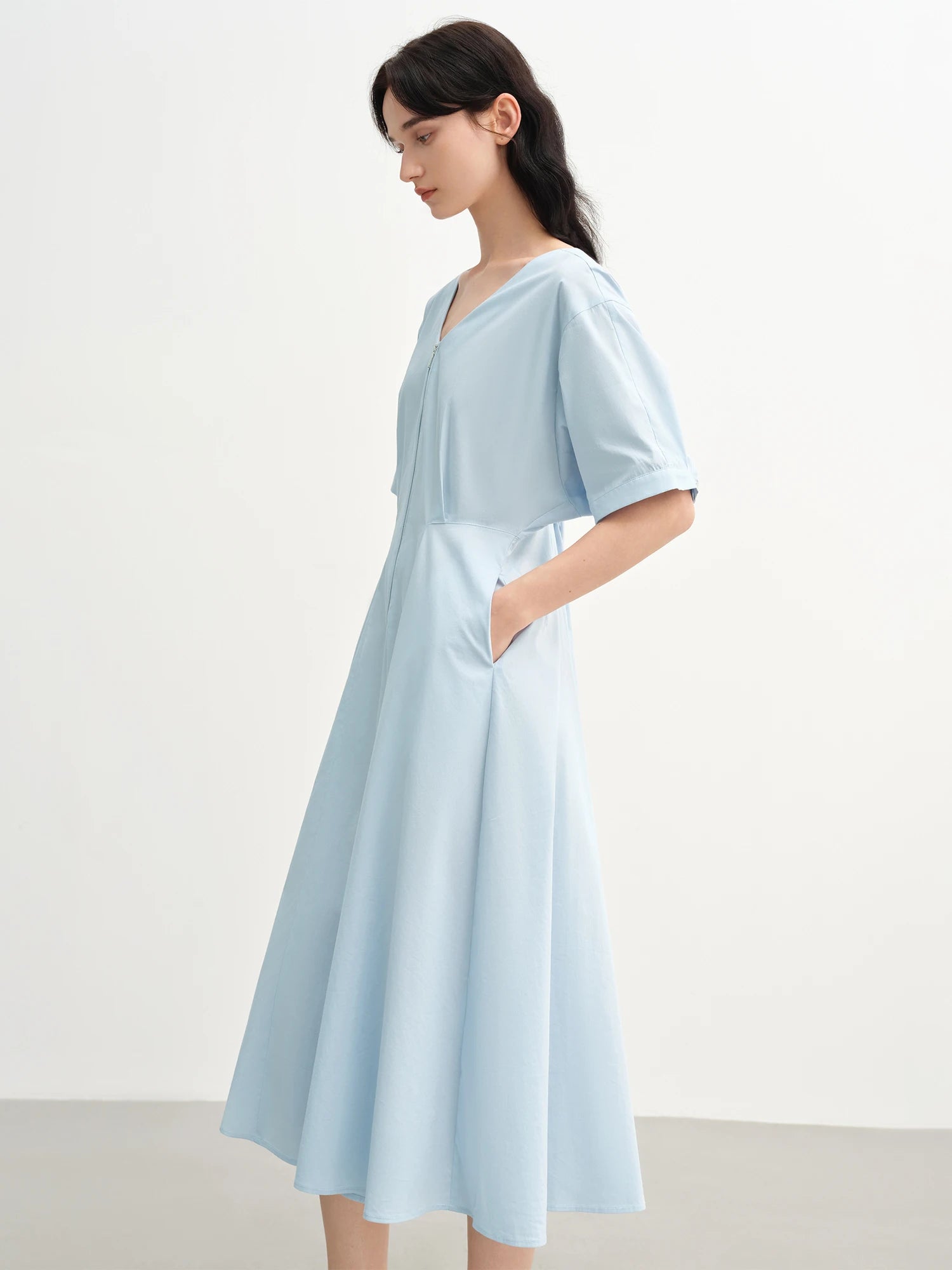 DUSHU 2025 Summer Women Curve-Flattering V-Neck Maxi Dress - Streamlined Zipper Back & Breathable Chiffon for Office-to-Outing