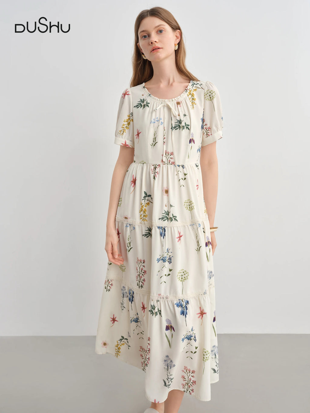 DUSHU Plus-Size Women's Botanical French Elegance Dress - 2025 Summer Fashion Flattering Waist Floral Dresses 25DS82846