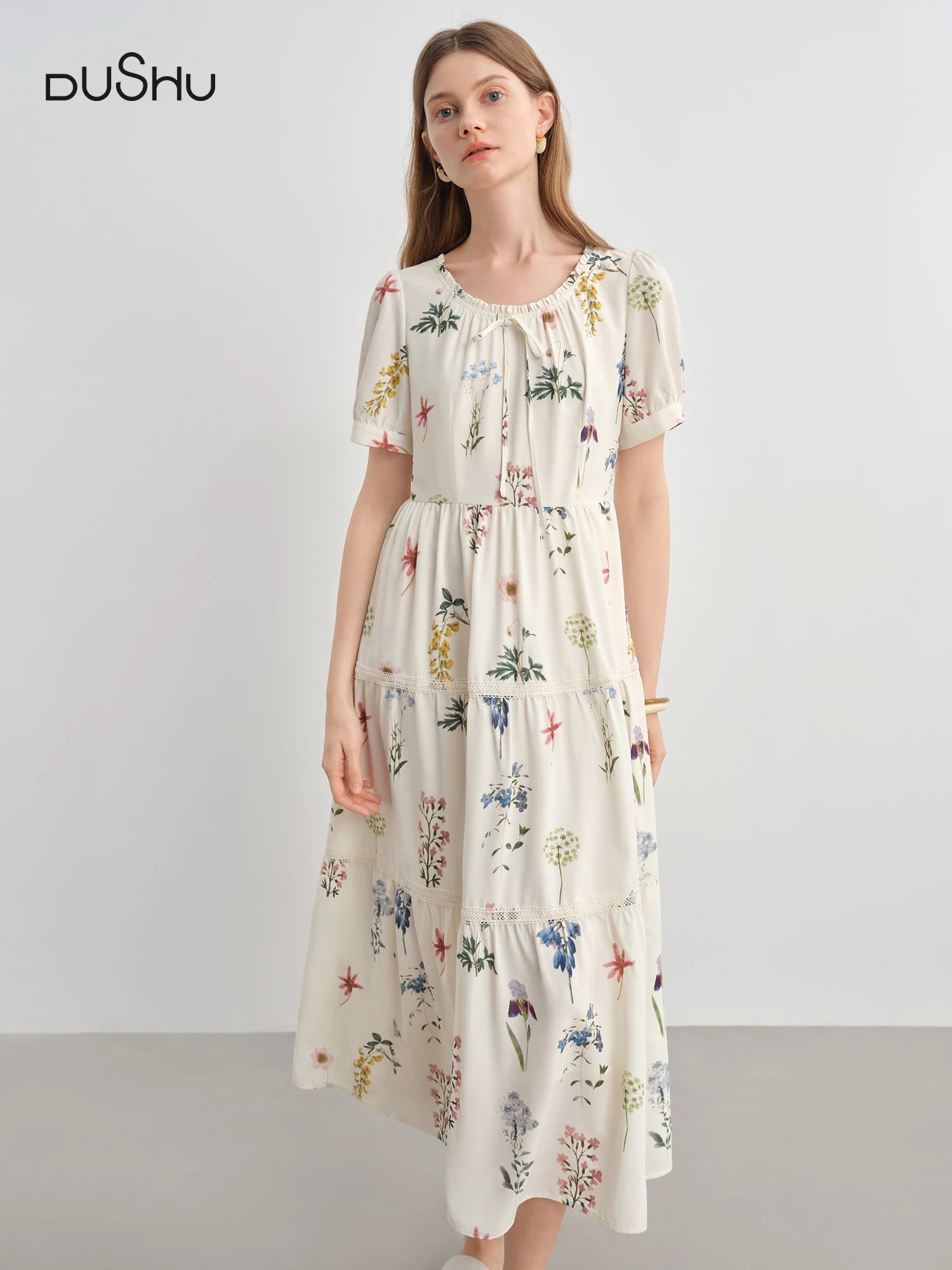 DUSHU Plus-Size Women's Botanical French Elegance Dress - 2025 Summer Fashion Flattering Waist Floral Dresses 25DS82846