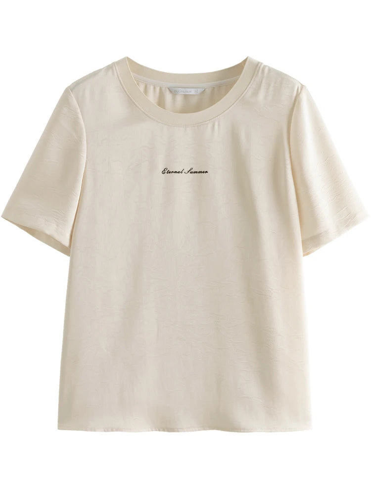 DUSHU Women T-Shirts Simple Printed T-shirt for Women Summer Short Sleeve Tees Round Neck Pink T-Shirt for Women