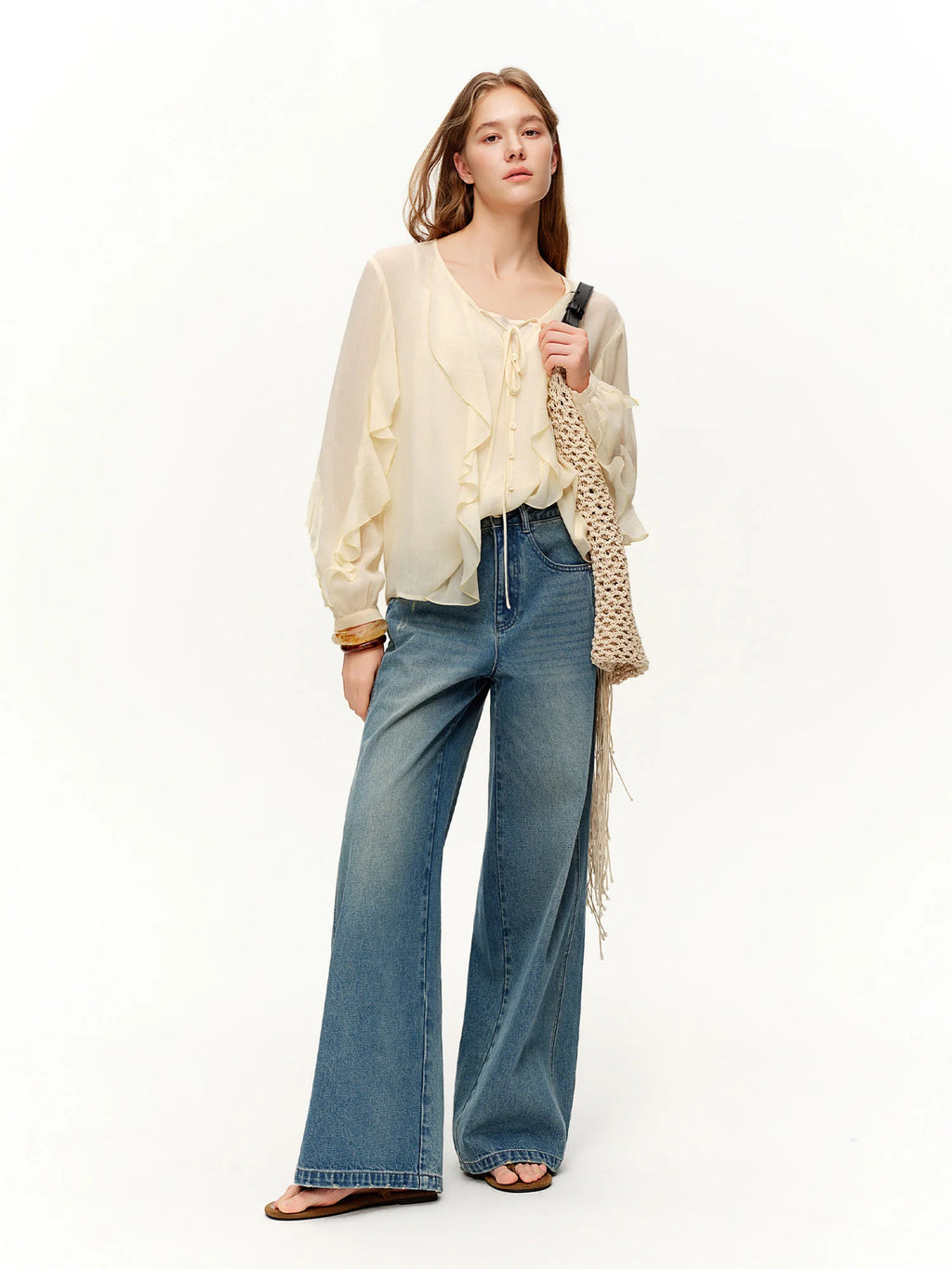 DUSHU 2026 Spring Women's Flounce Trim Blouse V-Neck Design - Elegant Flowy Chiffon Top for Office Commute and Casual Wear