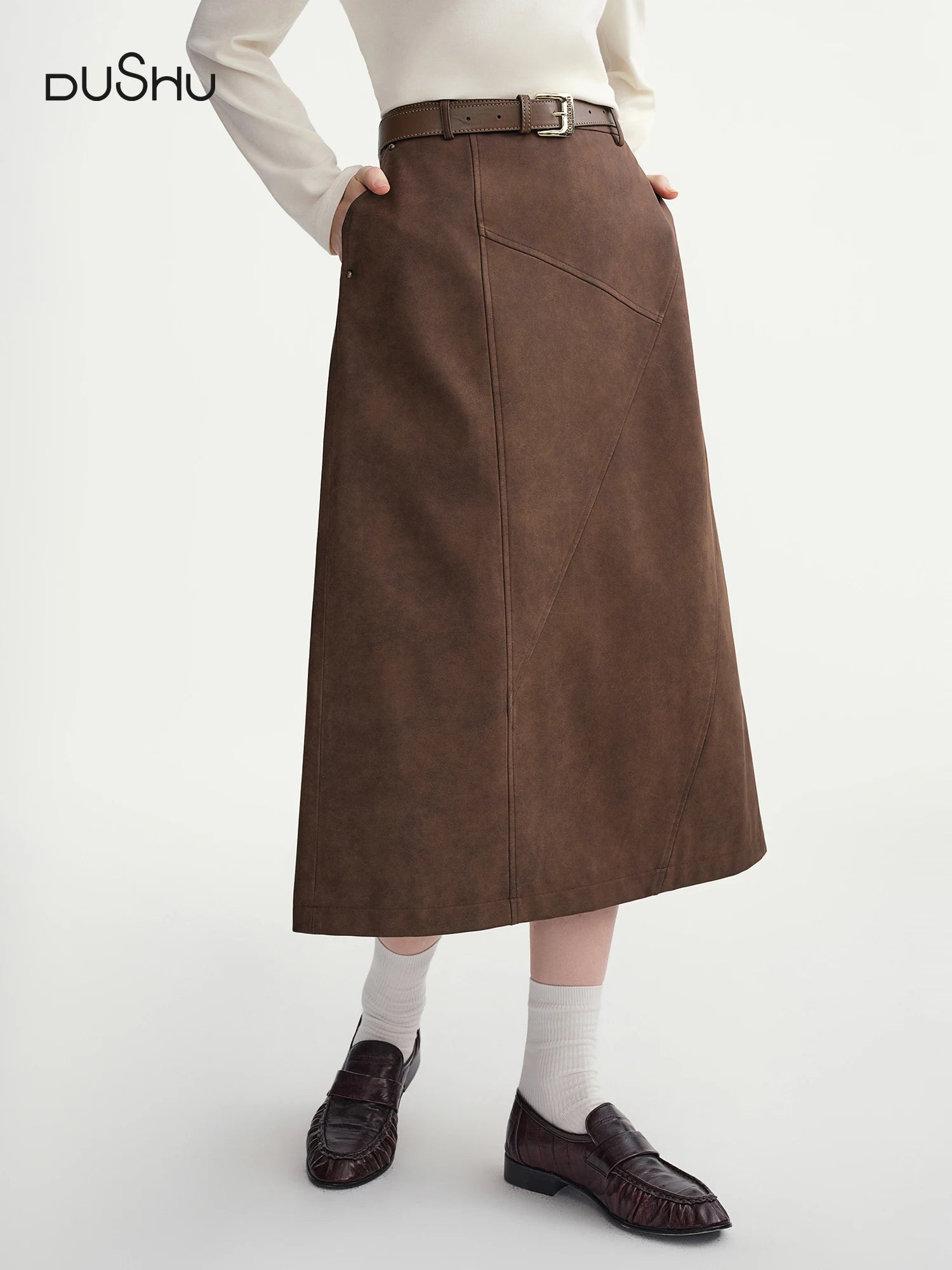 DUSHU High Elastic Waist Pleated Skirts Women 2025 Winter New Slim Skirt Commuting Mid-calf Length Solid Korean Style Vintage