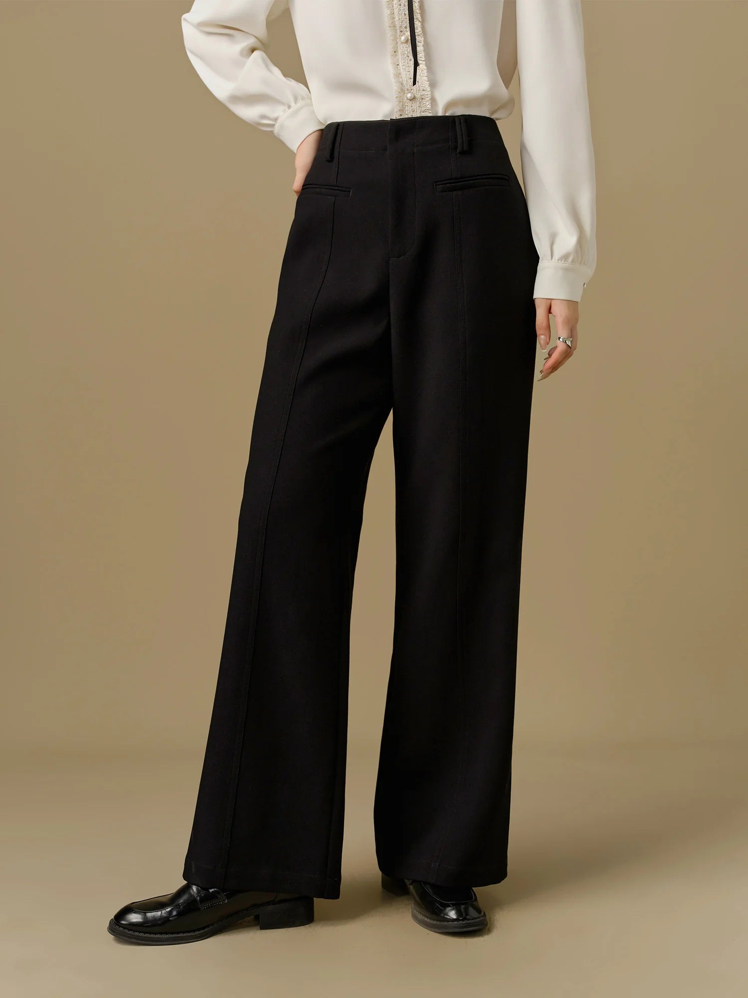 DUSHU Women Black Suit Trouser Winter Thick Straight Full Length Slightly Strech Solid Pants Office Lady Long Trouser 24DS84344