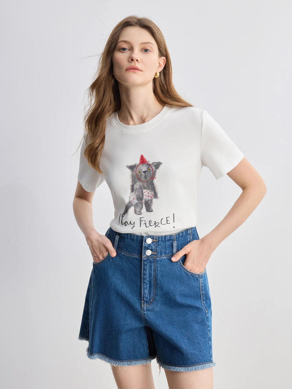 DUSHU Lovely Cat Print Round Neck Short Sleeve T-shirt 2025 Summer White Slim Top 25DS82714
