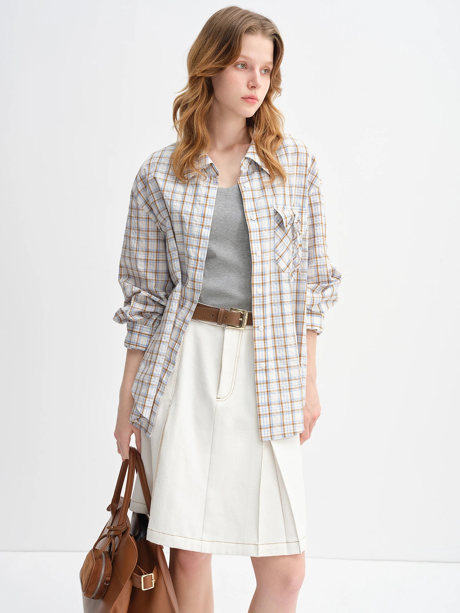 DUSHU Plus Size Women's Pocked Drawstring Plaid Collar Shirt Autumn 2025 New Arrival Top Women's Shirts 25DS83209